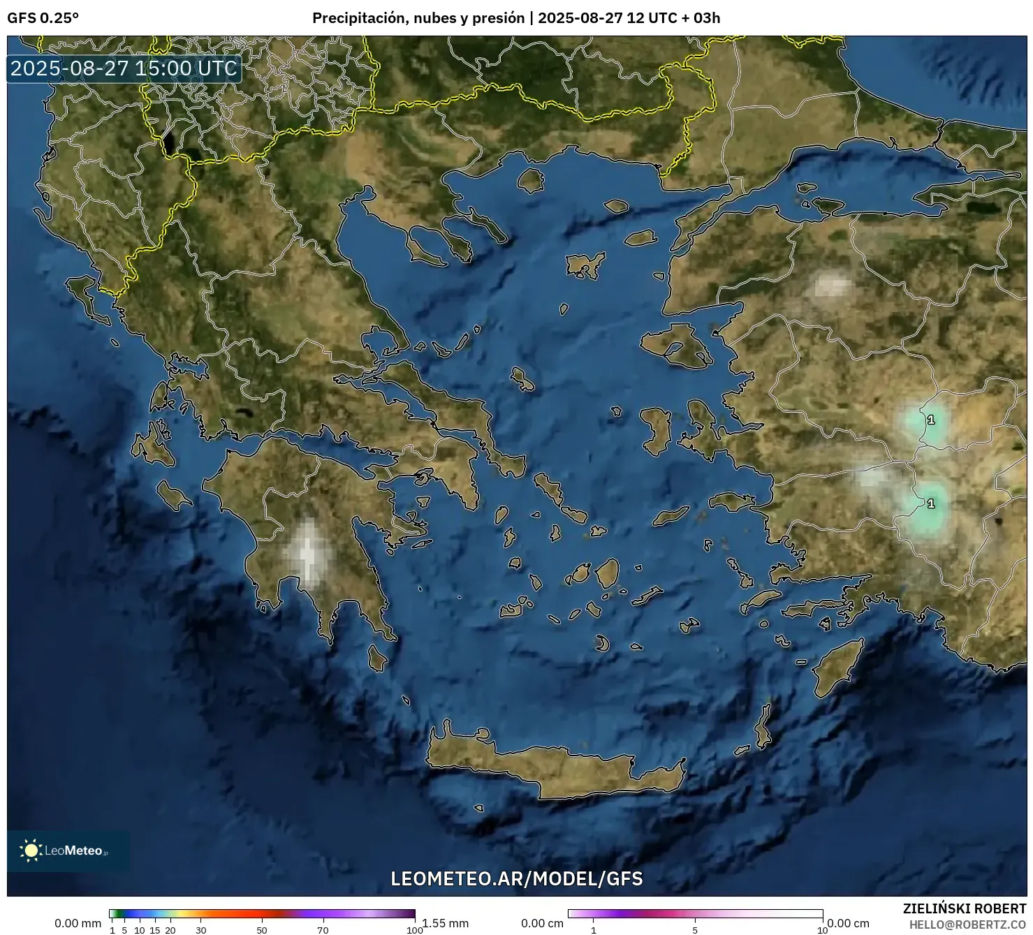 GFS model - Grecia, Precipitación, nubes y presión GFS model - Grecia, Precipitación, nubes y presión