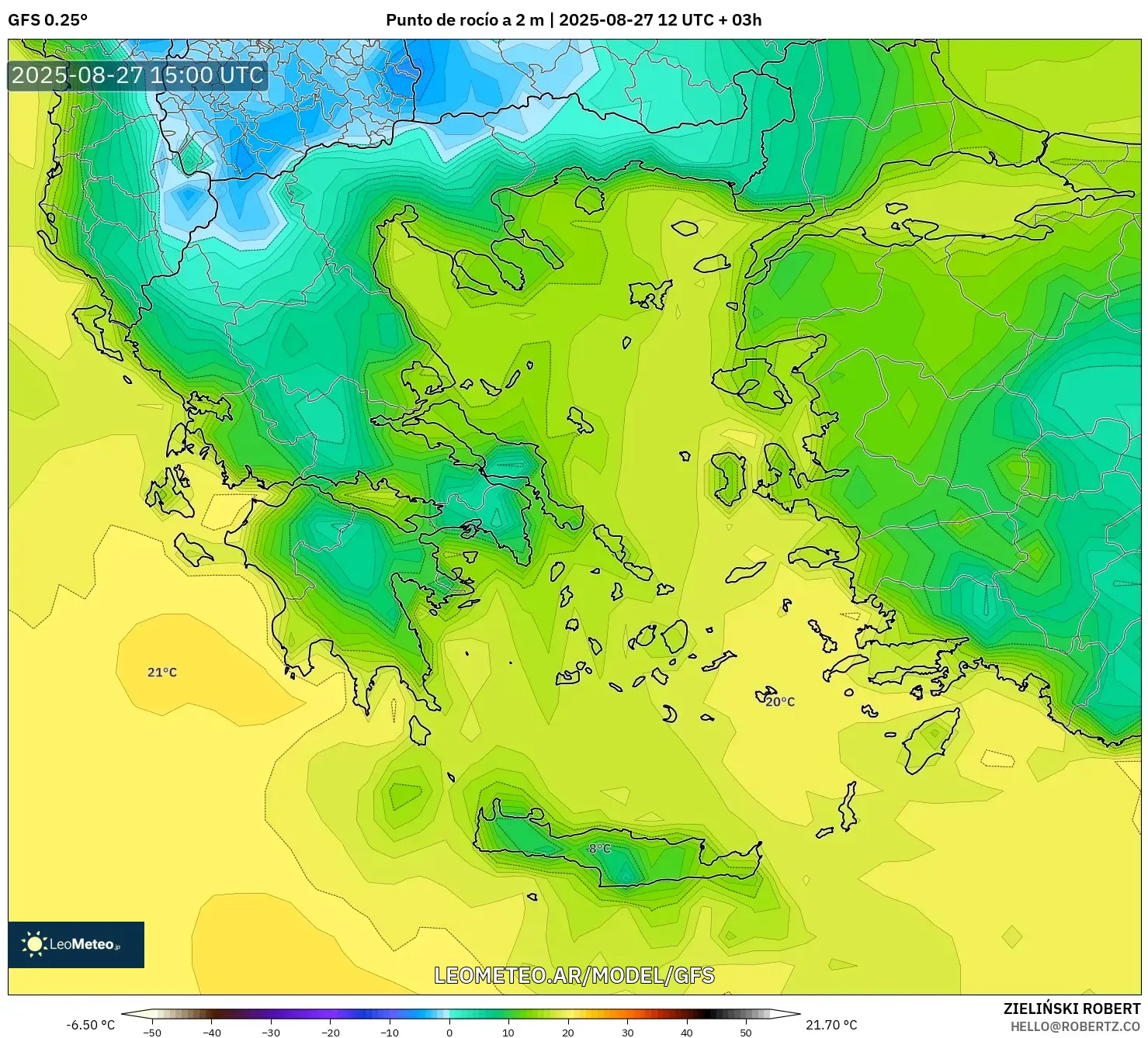 GFS model - Grecia, Punto de rocío a 2 m GFS model - Grecia, Punto de rocío a 2 m