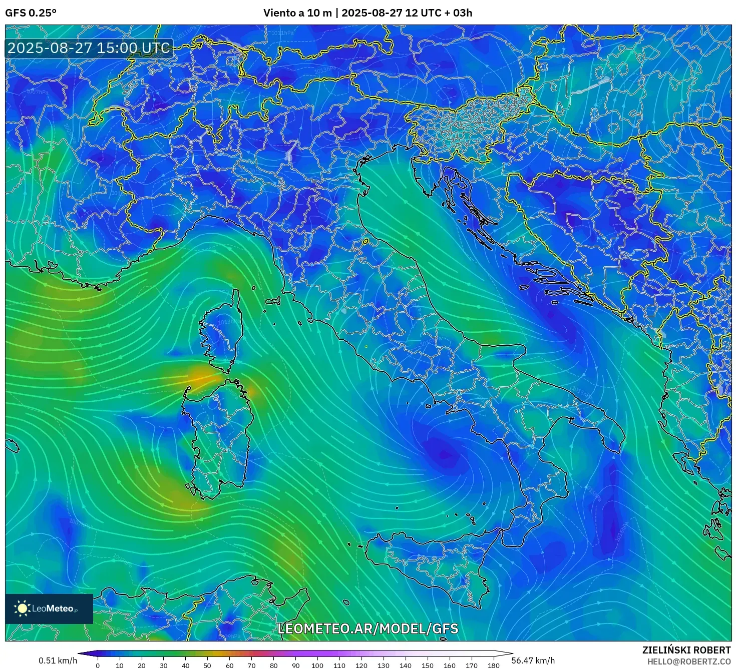 GFS model - Italia, Viento a 10 m GFS model - Italia, Viento a 10 m