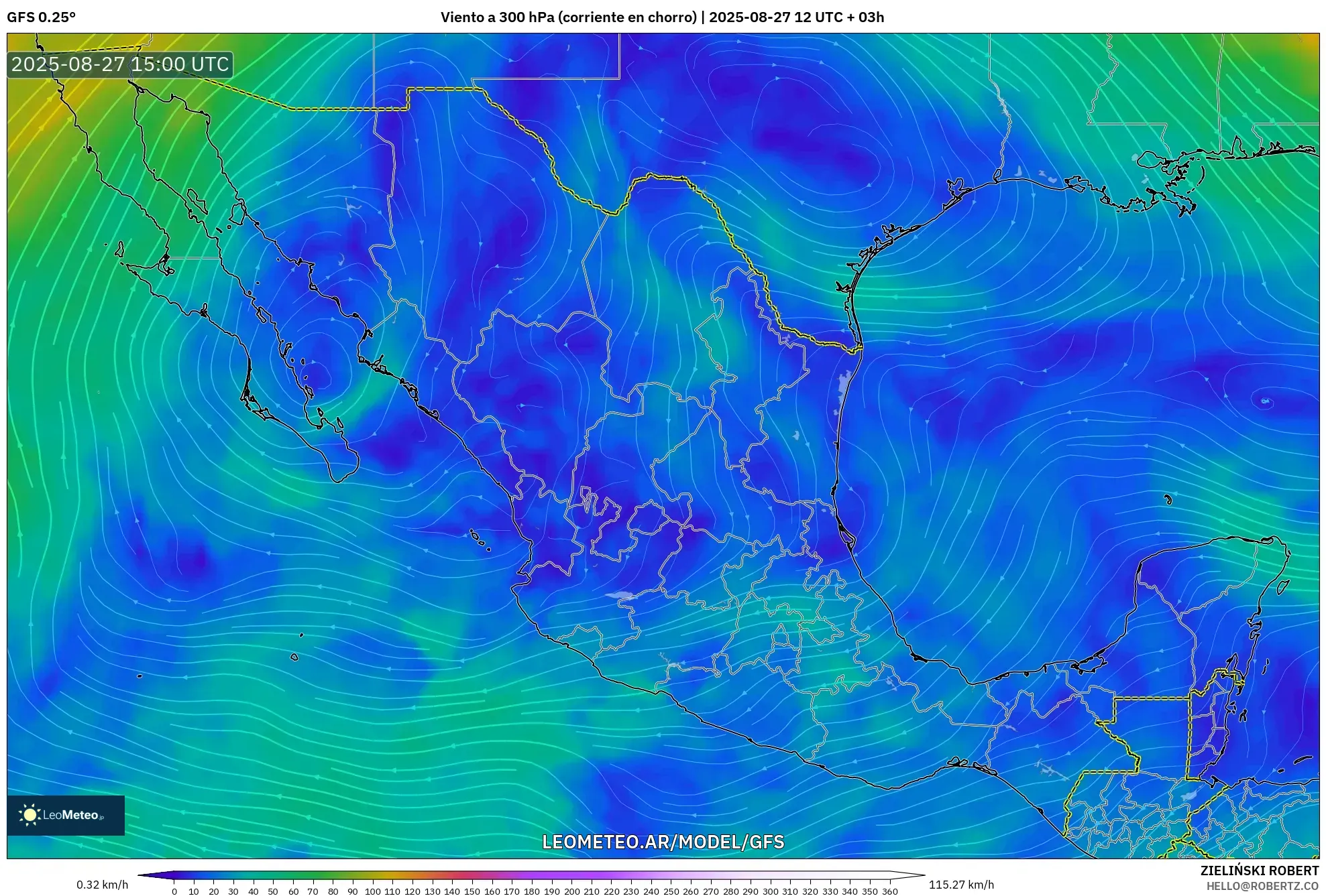 GFS model - México, Viento a 300 hPa (corriente en chorro) GFS model - México, Viento a 300 hPa (corriente en chorro)
