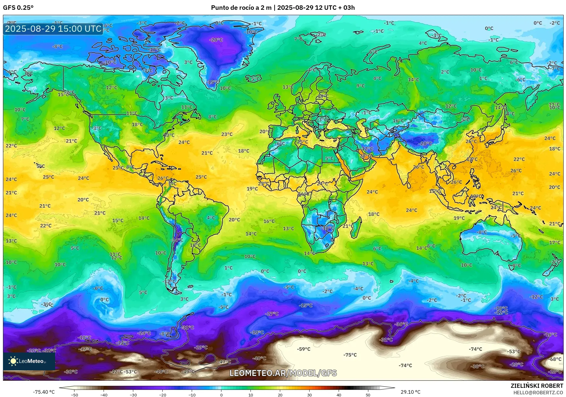 GFS model - Mundo, Punto de rocío a 2 m GFS model - Mundo, Punto de rocío a 2 m