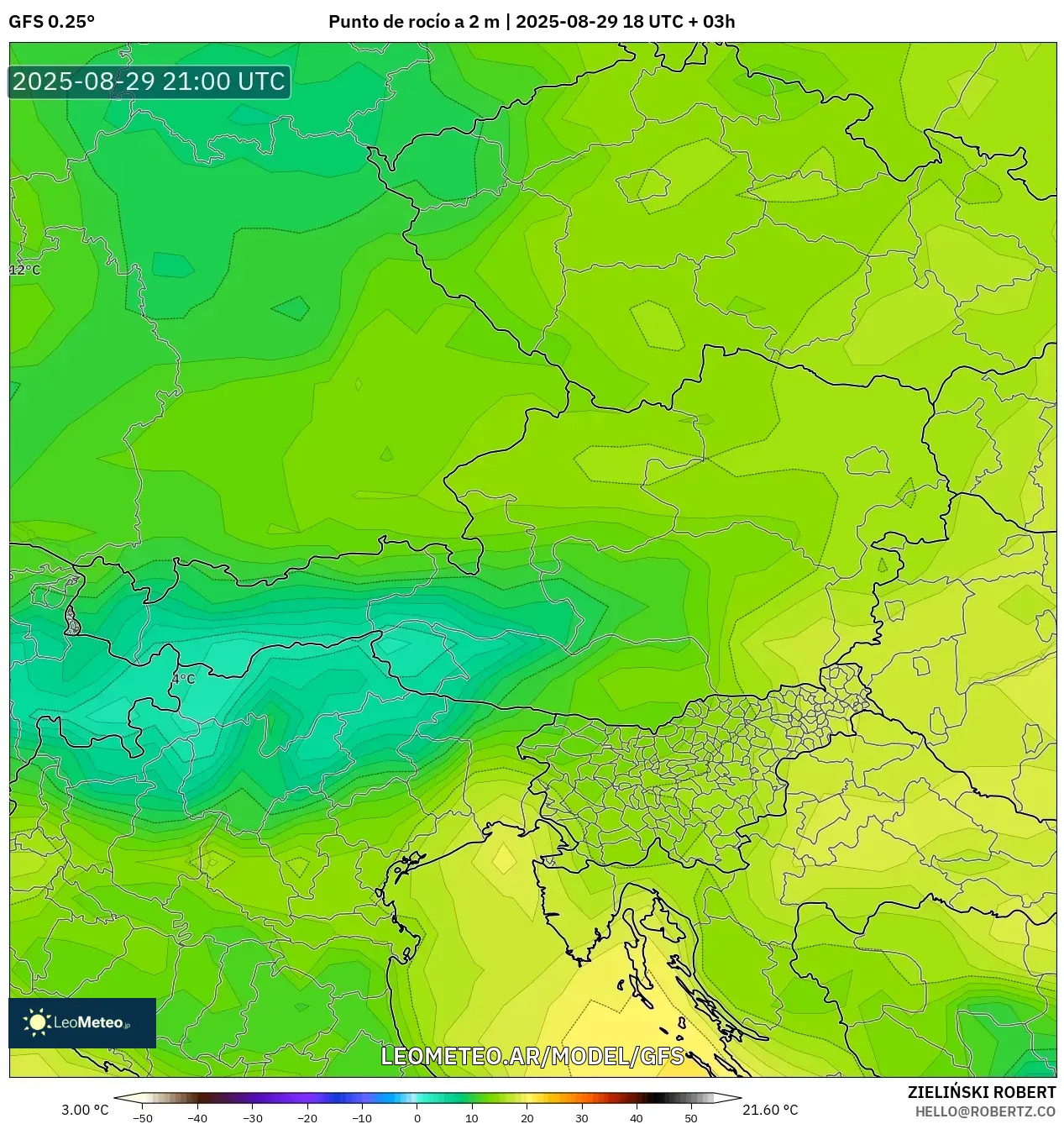 GFS model - Austria, Punto de rocío a 2 m GFS model - Austria, Punto de rocío a 2 m