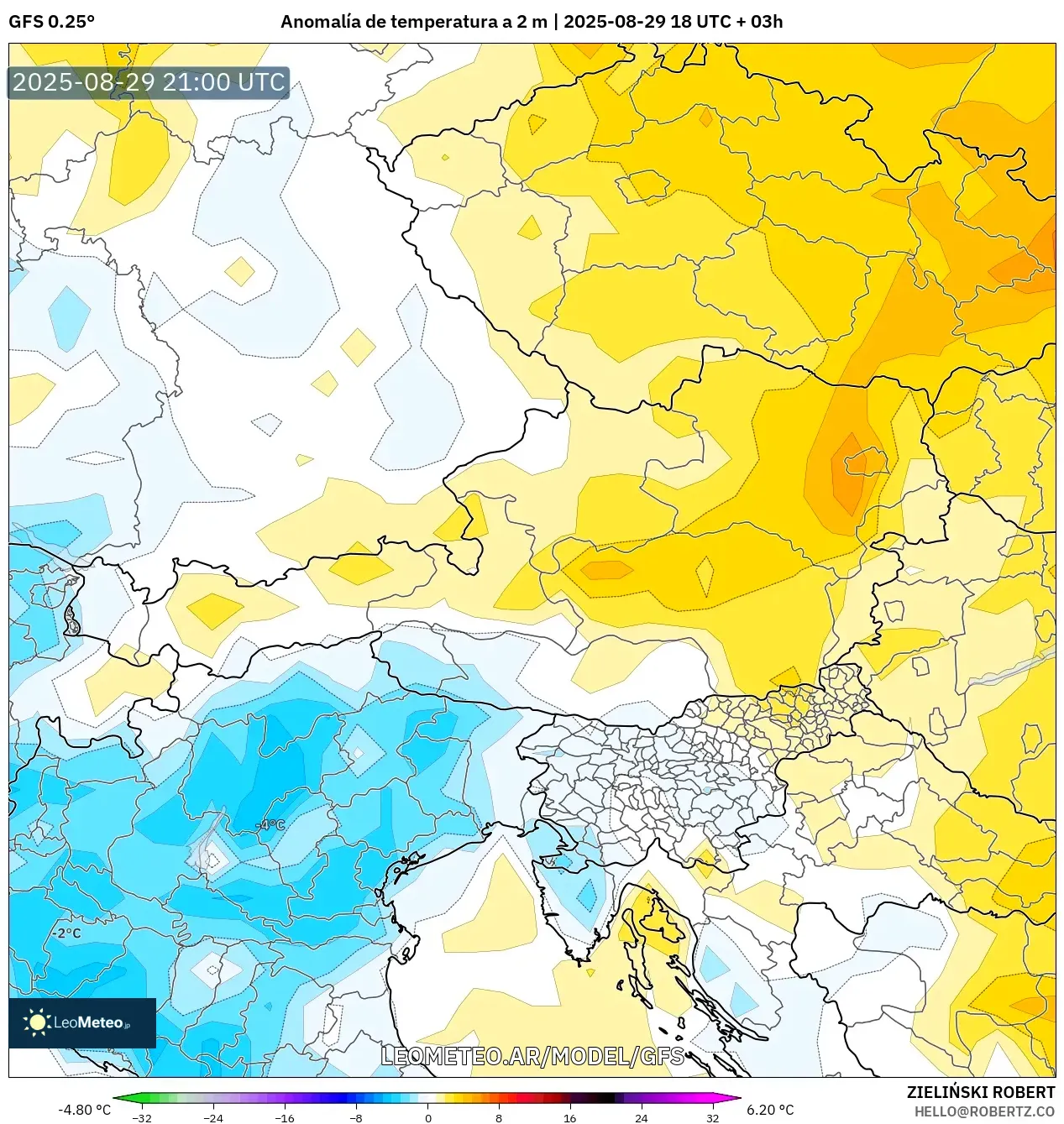 GFS model - Austria, Anomalía de temperatura a 2 m GFS model - Austria, Anomalía de temperatura a 2 m
