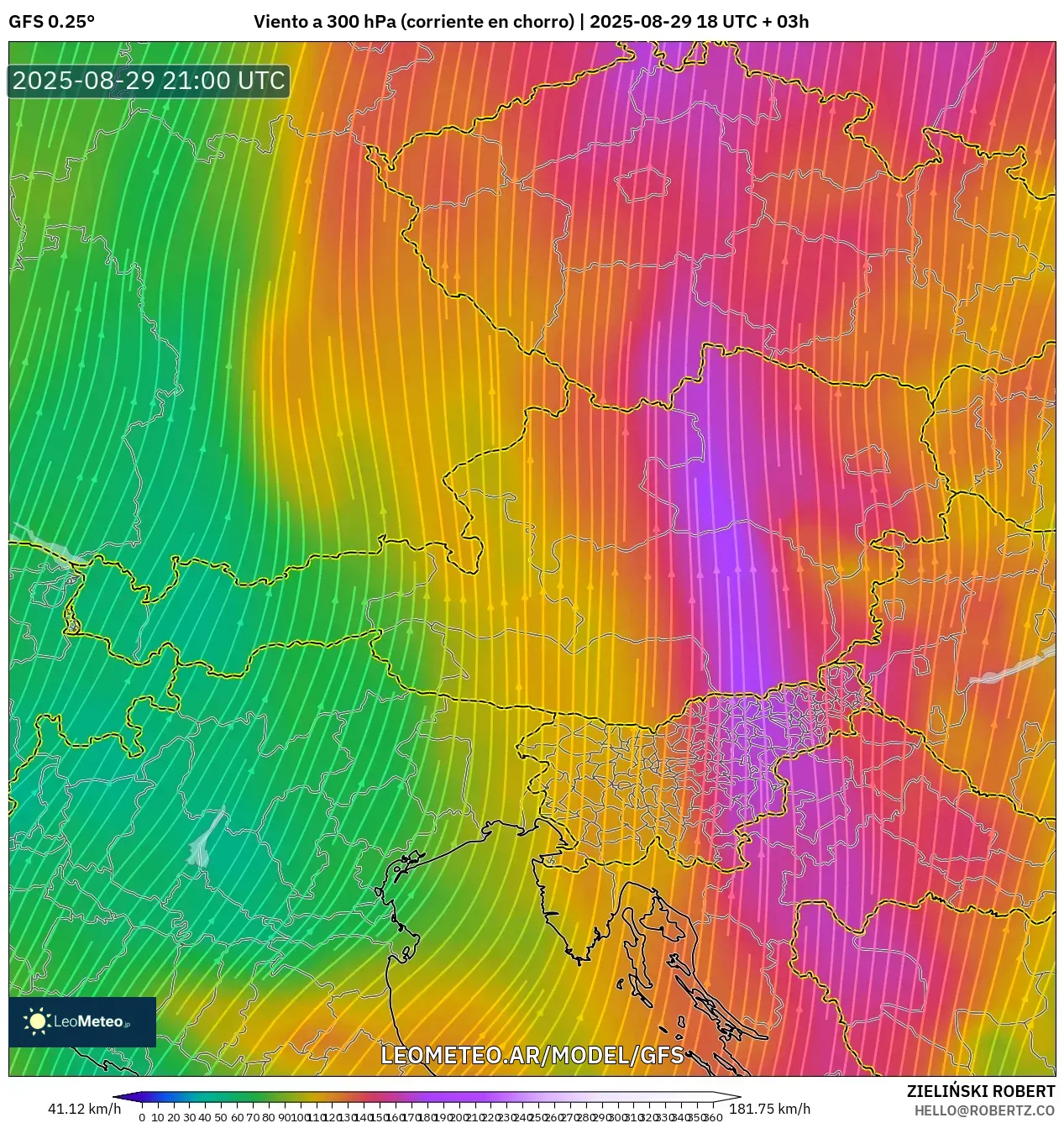 GFS model - Austria, Viento a 300 hPa (corriente en chorro) GFS model - Austria, Viento a 300 hPa (corriente en chorro)