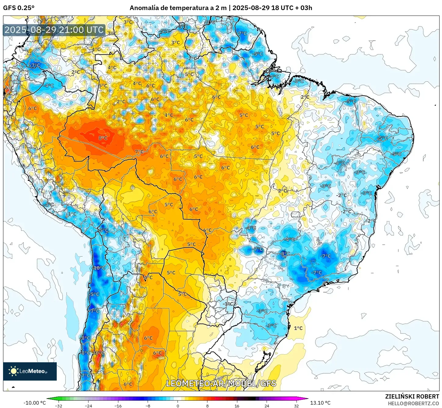 GFS model - Brasil, Anomalía de temperatura a 2 m GFS model - Brasil, Anomalía de temperatura a 2 m