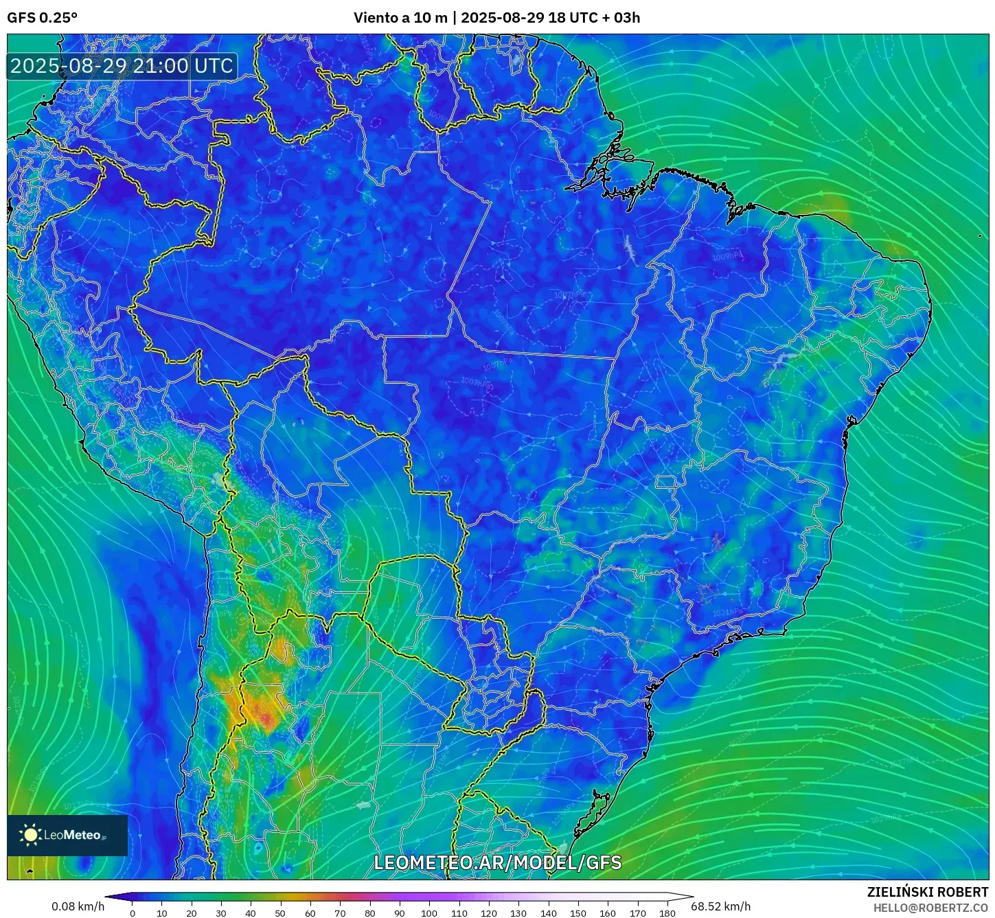 GFS model - Brasil, Viento a 10 m GFS model - Brasil, Viento a 10 m