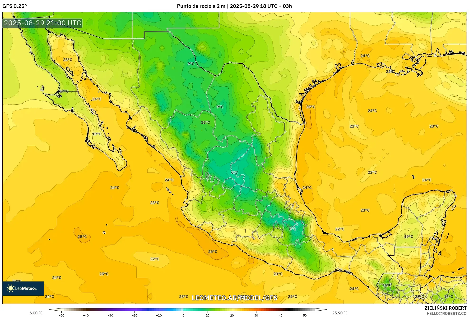 GFS model - México, Punto de rocío a 2 m GFS model - México, Punto de rocío a 2 m