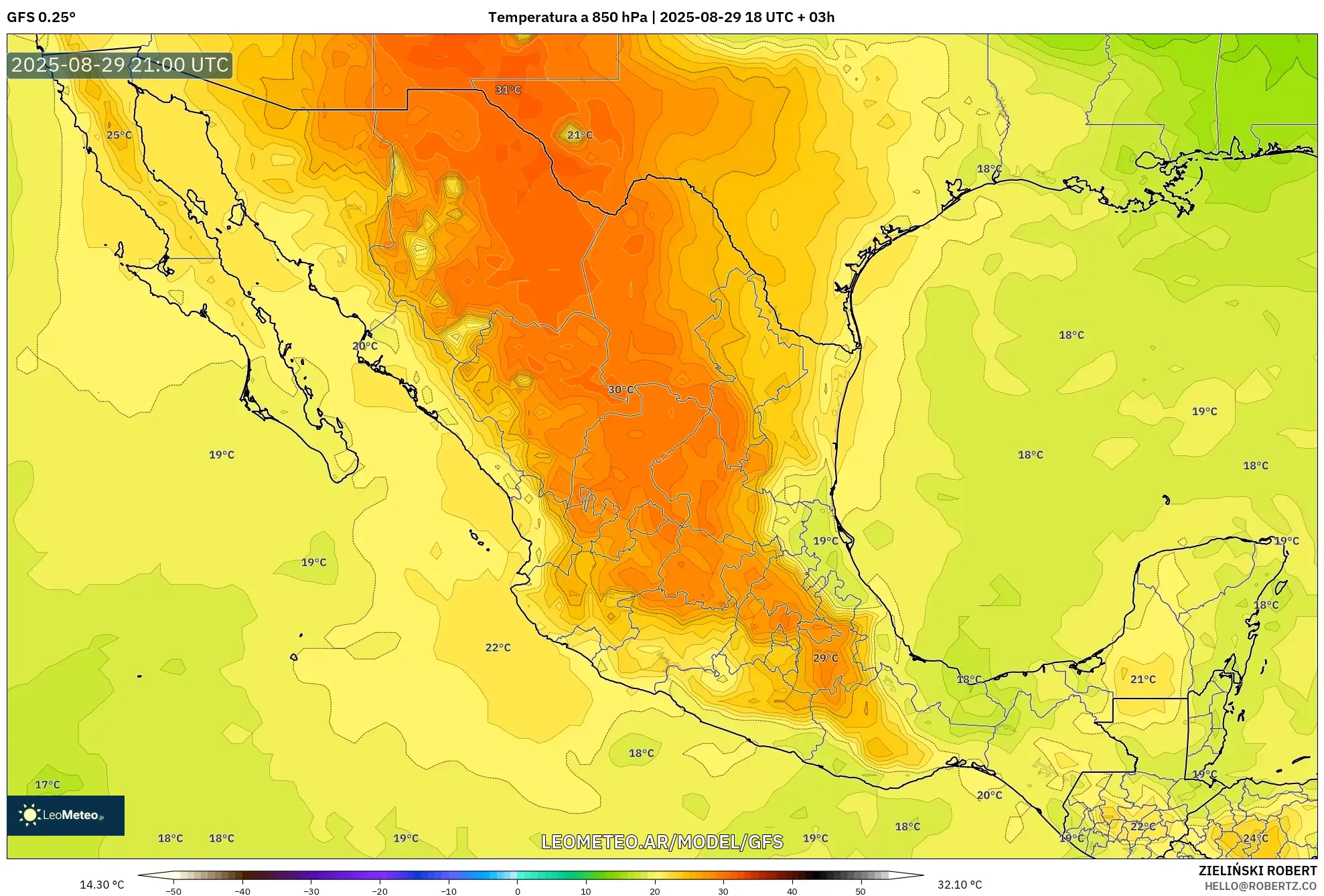 GFS model - México, Temperatura a 850 hPa GFS model - México, Temperatura a 850 hPa