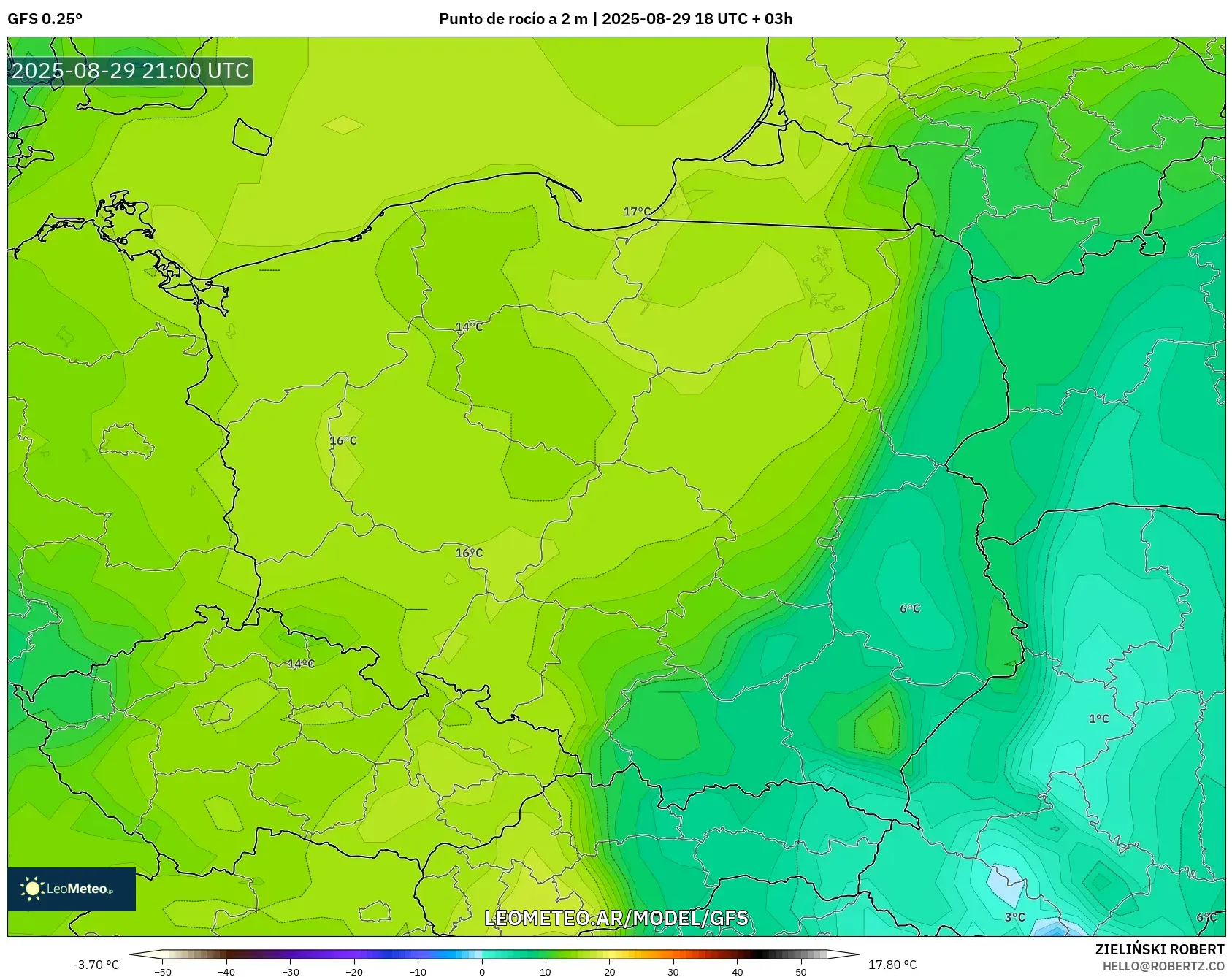 GFS model - Polonia, Punto de rocío a 2 m GFS model - Polonia, Punto de rocío a 2 m