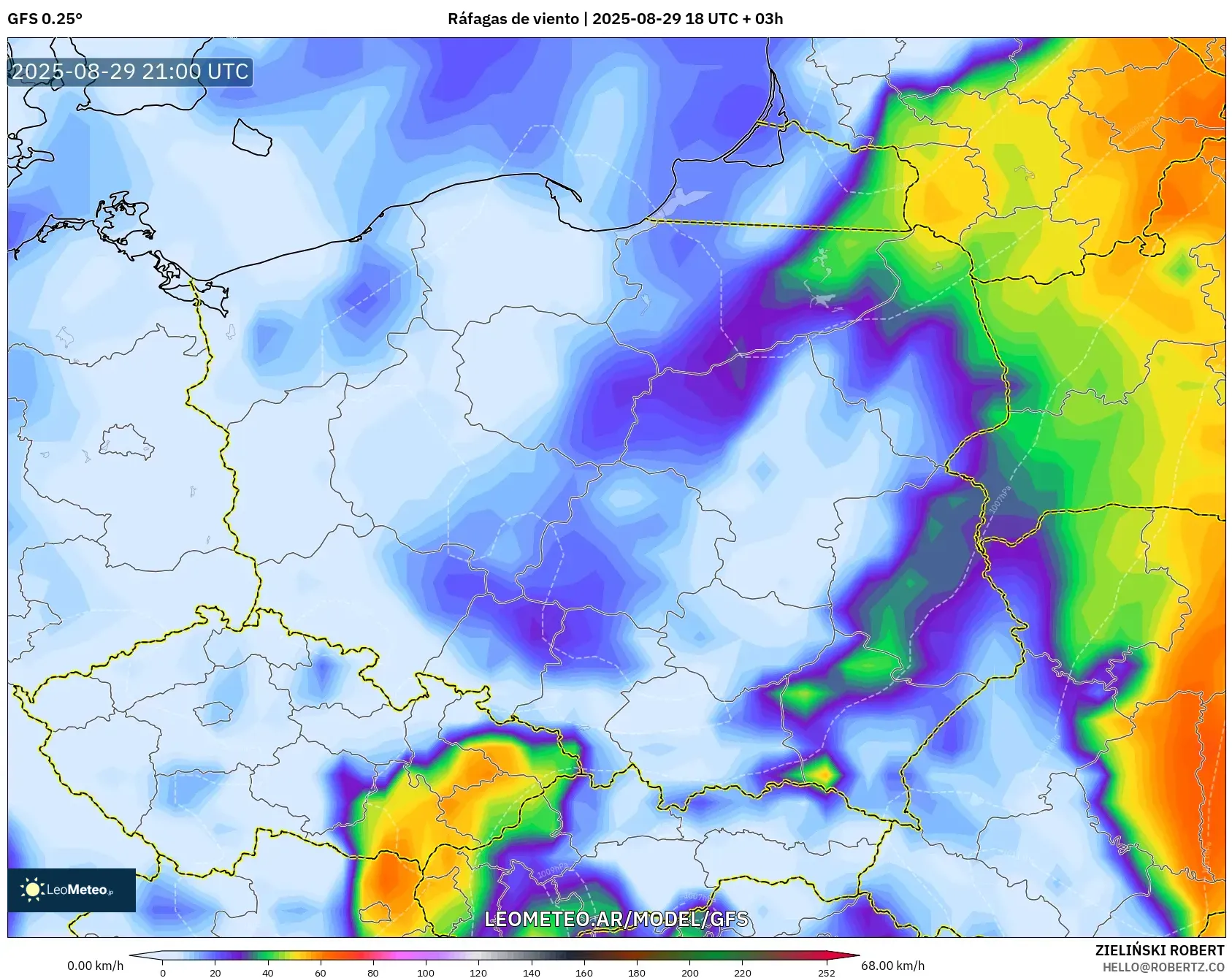 GFS model - Polonia, Ráfagas de viento GFS model - Polonia, Ráfagas de viento