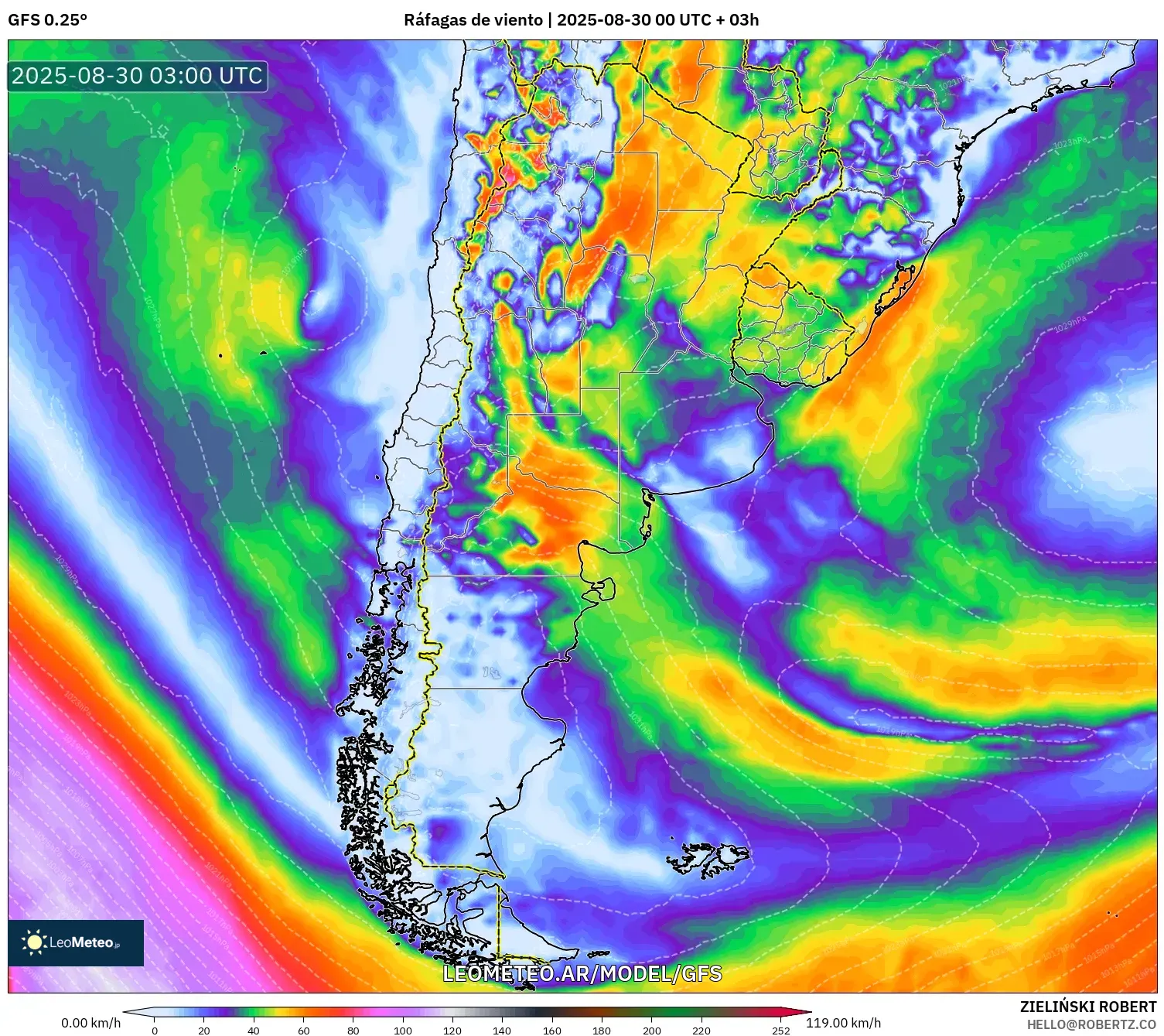 GFS model - Argentina, Ráfagas de viento GFS model - Argentina, Ráfagas de viento