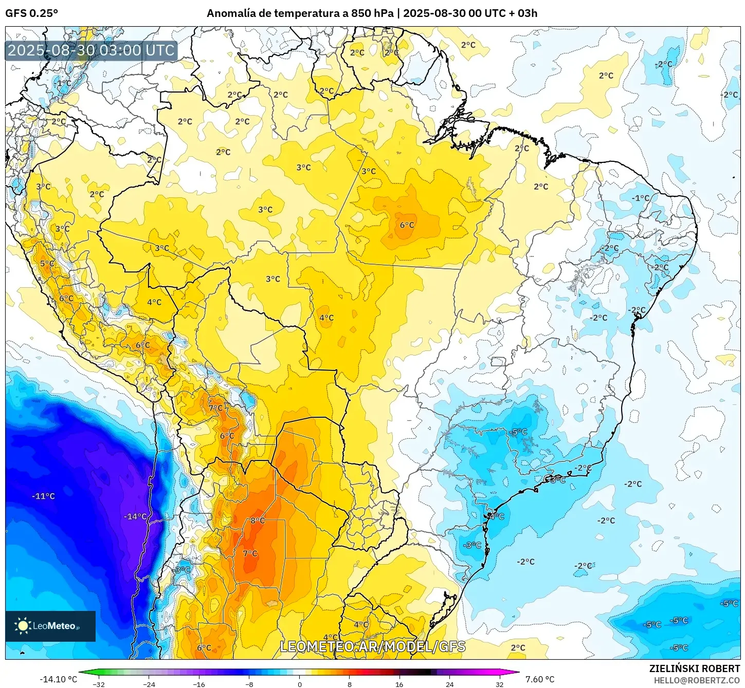 GFS model - Brasil, Anomalía de temperatura a 850 hPa GFS model - Brasil, Anomalía de temperatura a 850 hPa