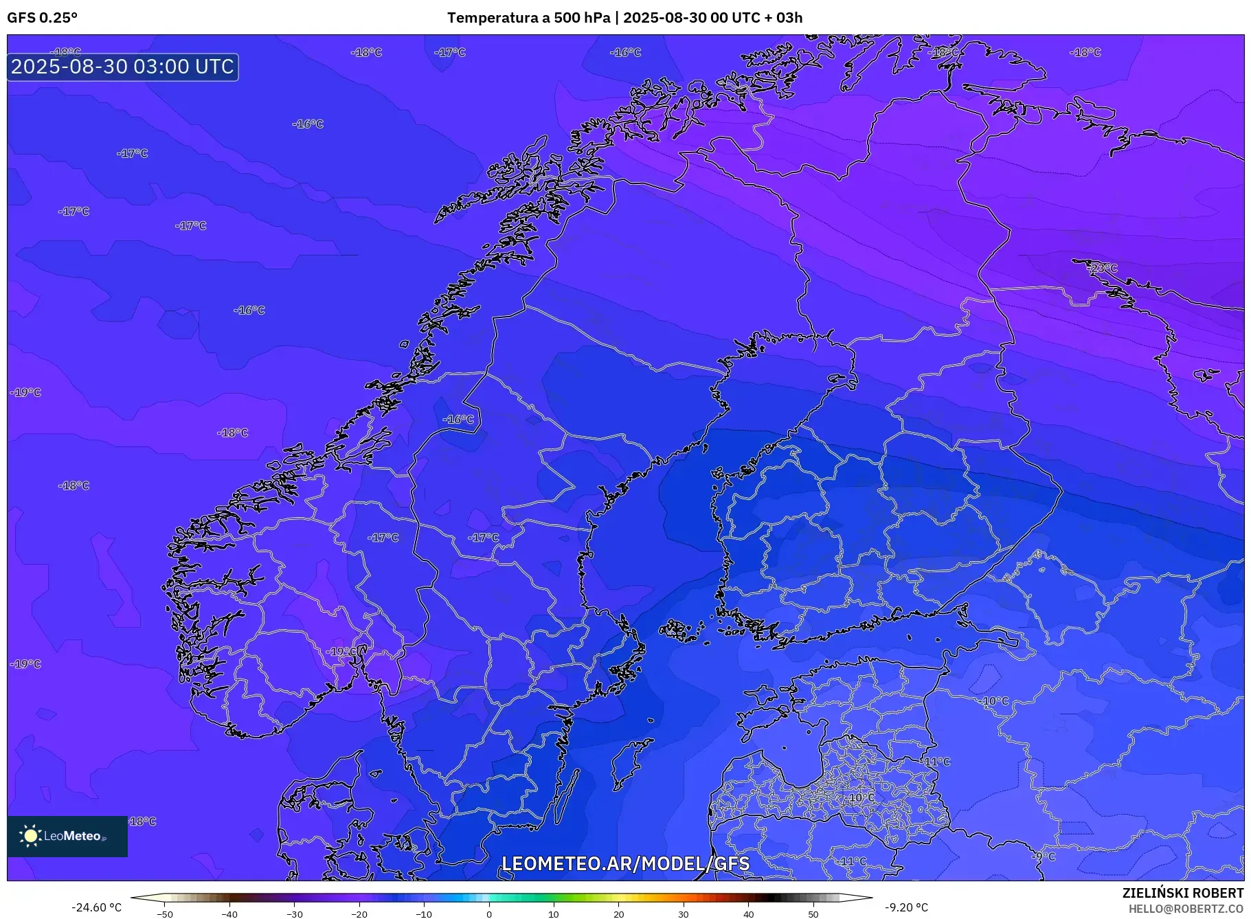 GFS model - Escandinavia, Temperatura a 500 hPa GFS model - Escandinavia, Temperatura a 500 hPa