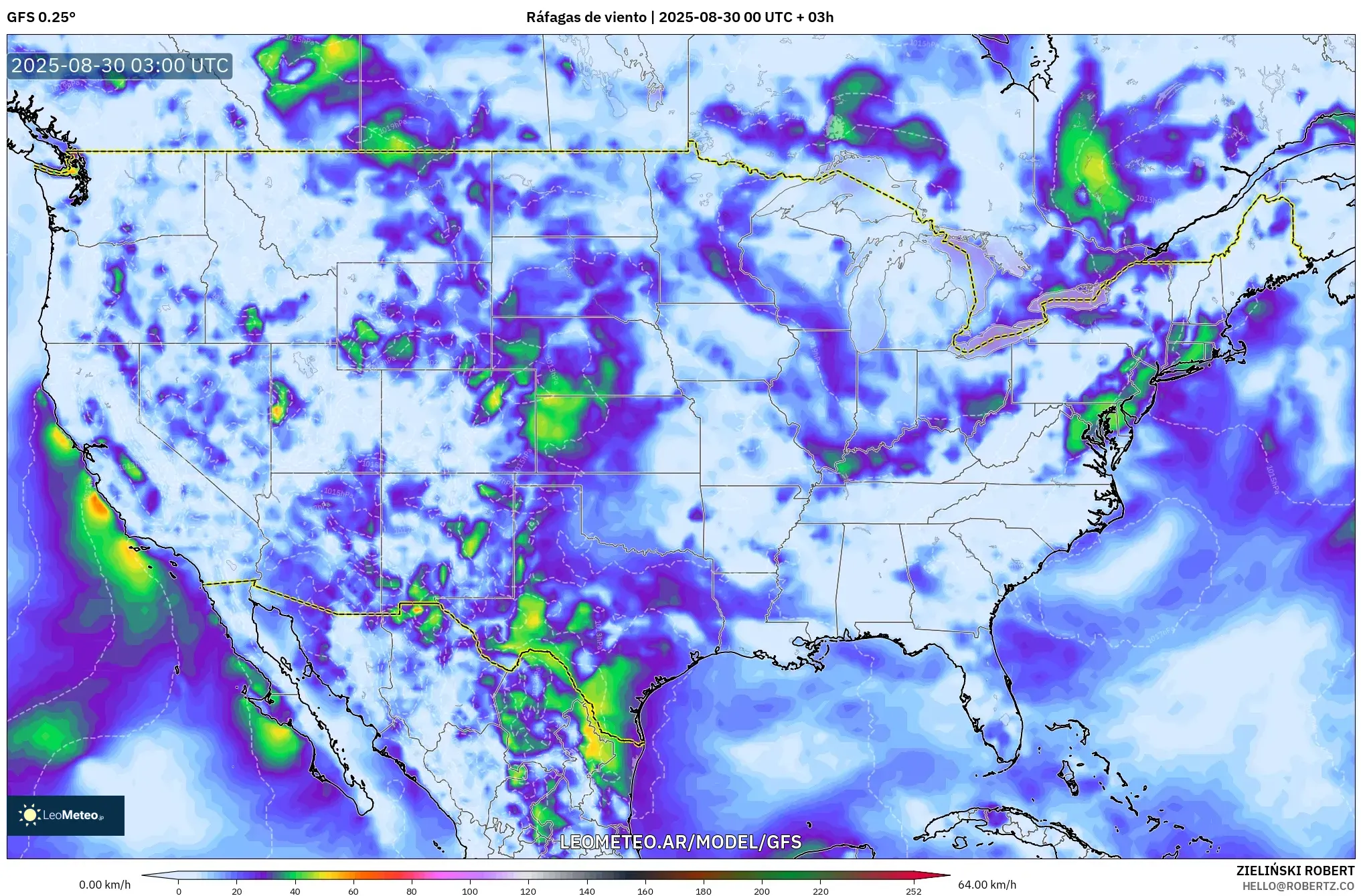 GFS model - Estados Unidos, Ráfagas de viento GFS model - Estados Unidos, Ráfagas de viento