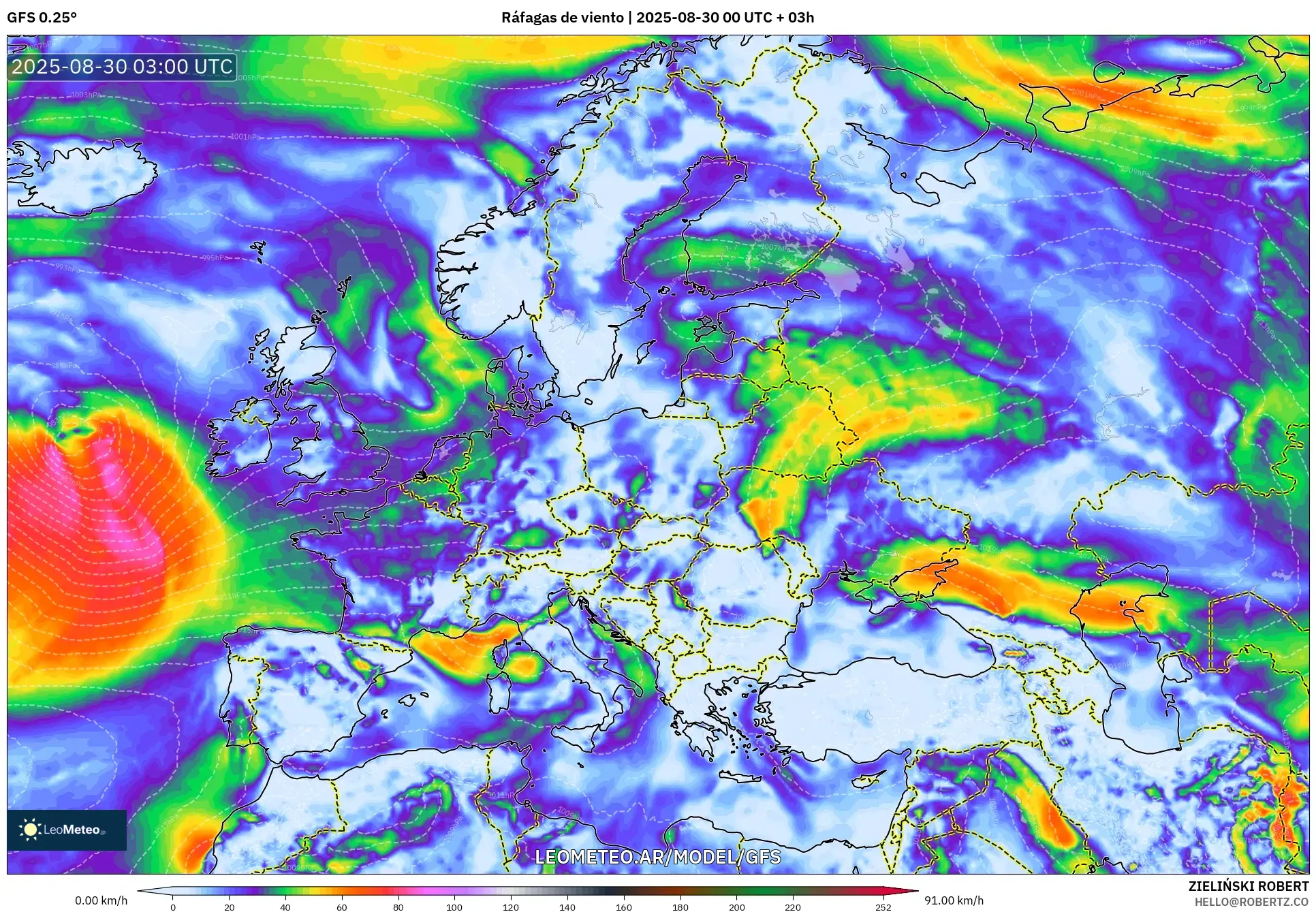 GFS model - Europa, Ráfagas de viento GFS model - Europa, Ráfagas de viento