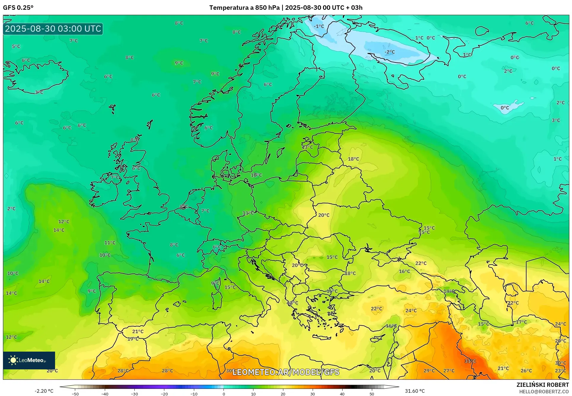 GFS model - Europa, Temperatura a 850 hPa GFS model - Europa, Temperatura a 850 hPa