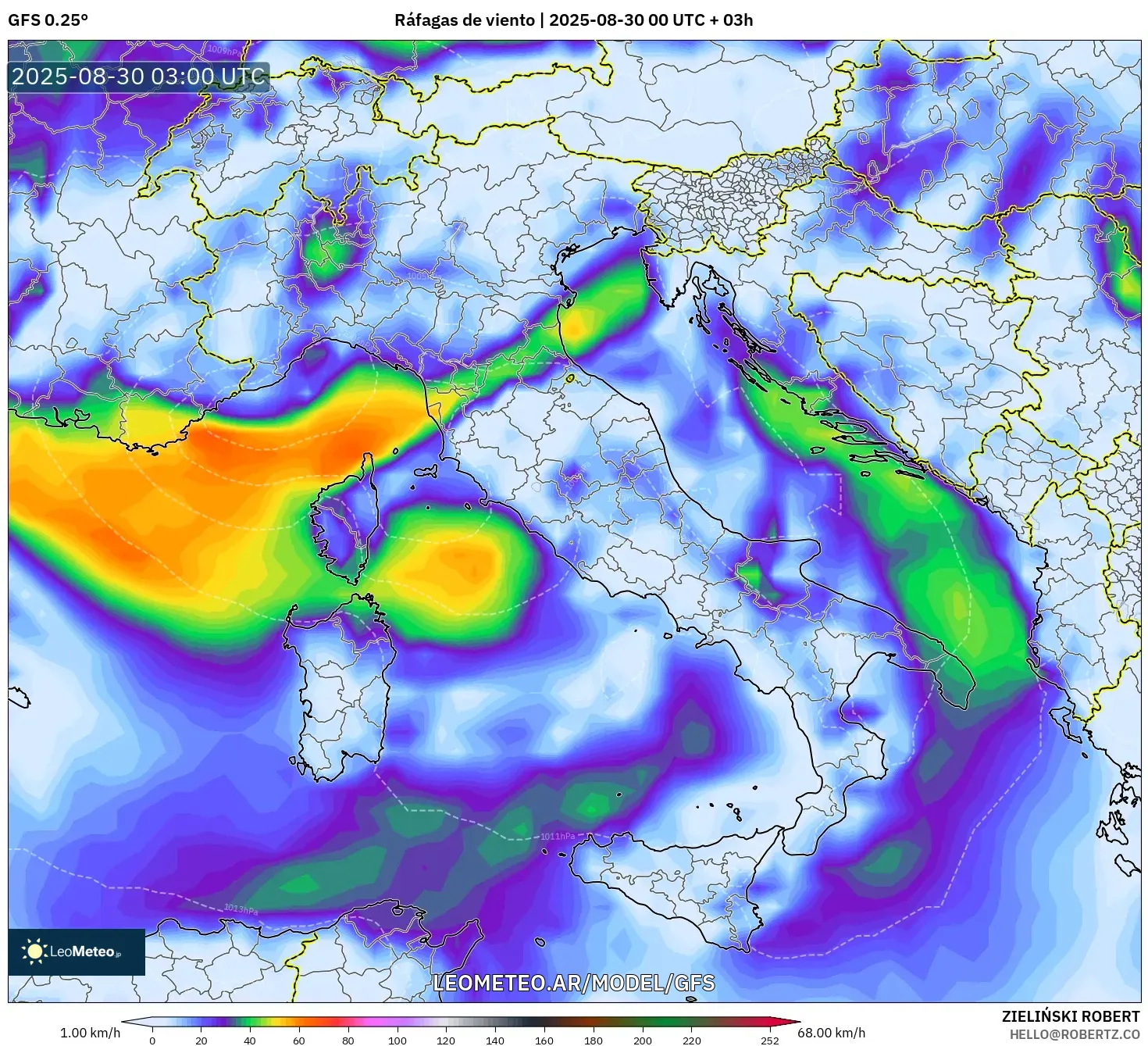 GFS model - Italia, Ráfagas de viento GFS model - Italia, Ráfagas de viento