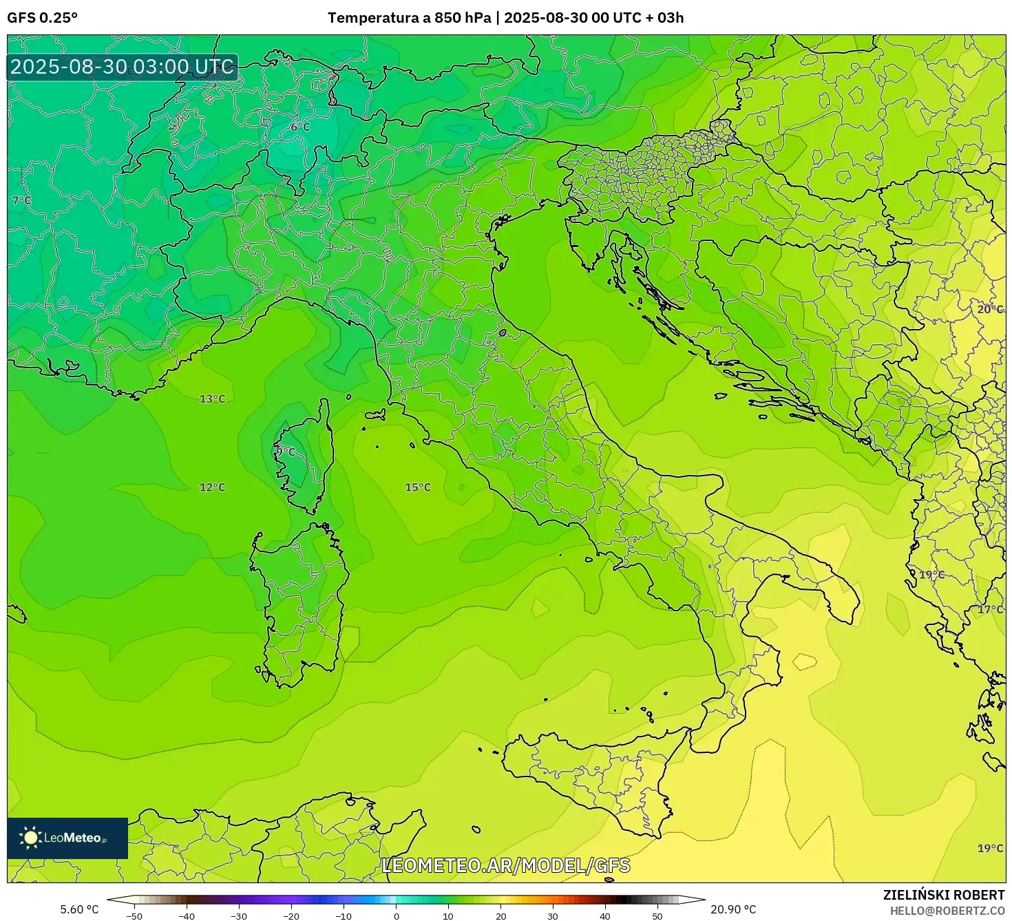 GFS model - Italia, Temperatura a 850 hPa GFS model - Italia, Temperatura a 850 hPa