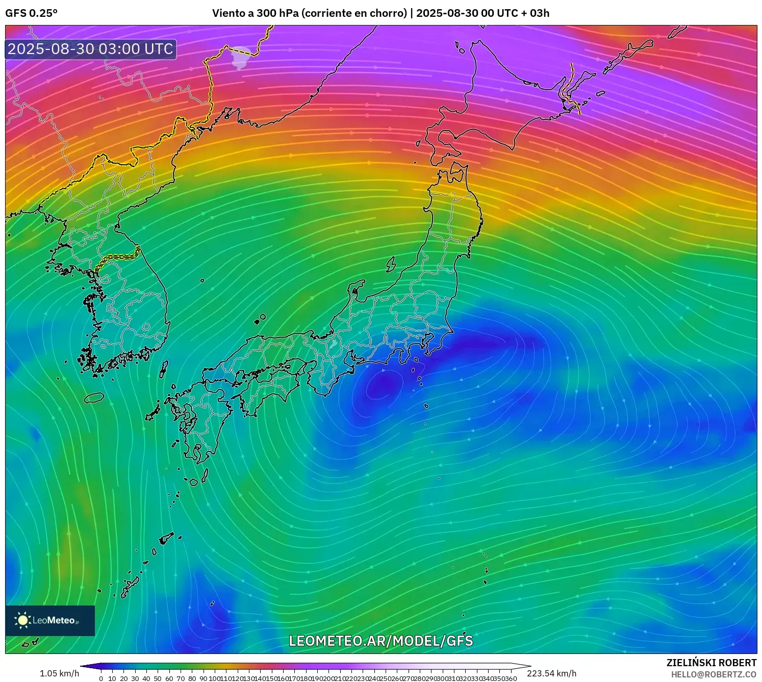 GFS model - Japón, Viento a 300 hPa (corriente en chorro) GFS model - Japón, Viento a 300 hPa (corriente en chorro)