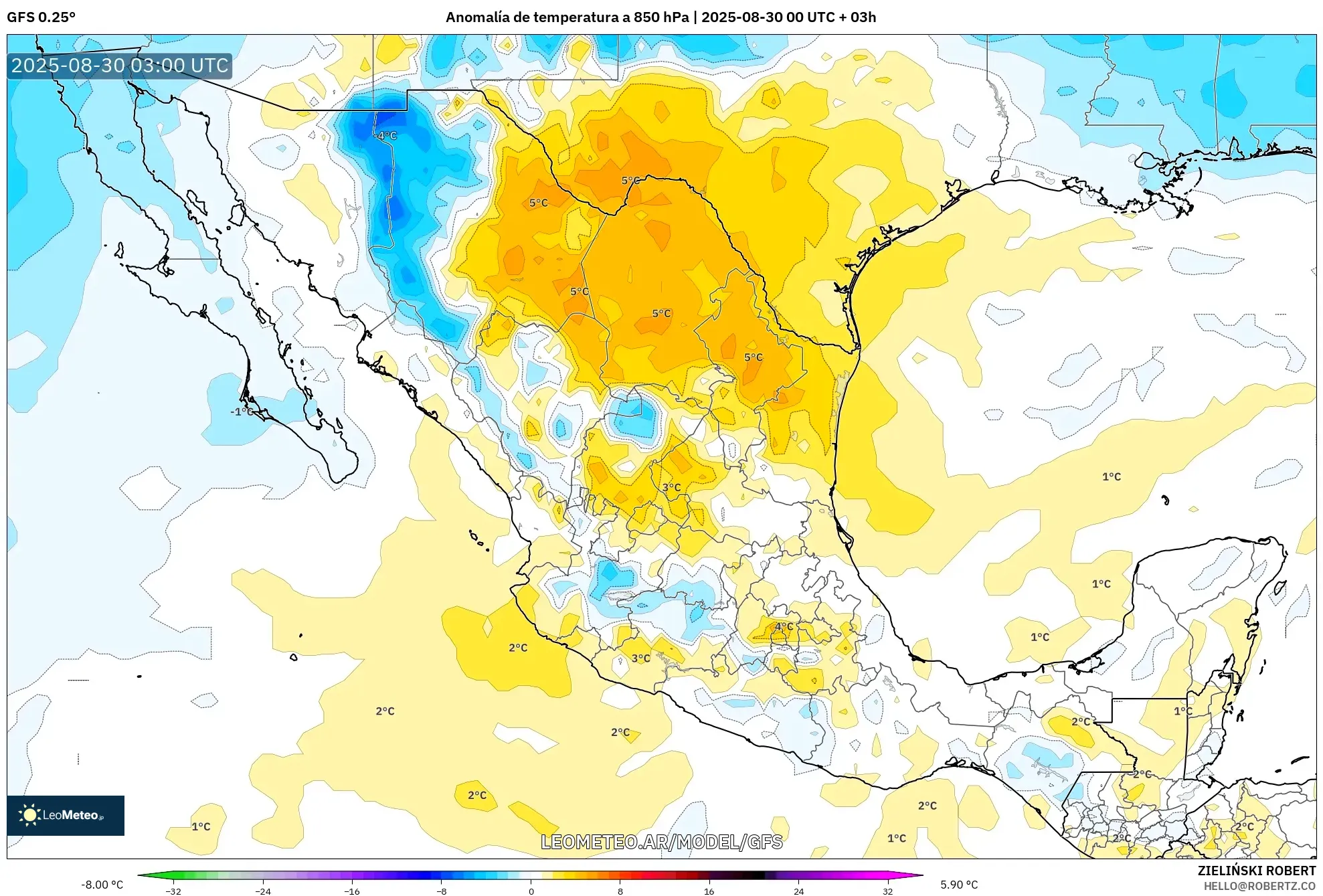 GFS model - México, Anomalía de temperatura a 850 hPa GFS model - México, Anomalía de temperatura a 850 hPa