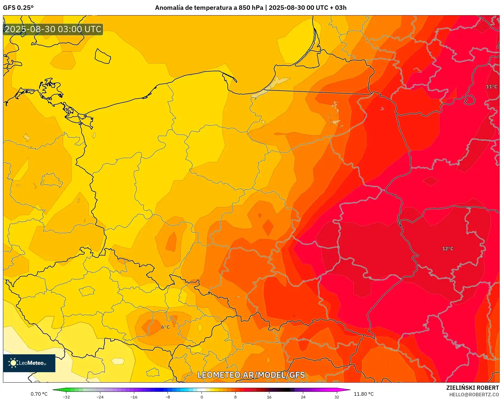 GFS model - Polonia, Anomalía de temperatura a 850 hPa GFS model - Polonia, Anomalía de temperatura a 850 hPa