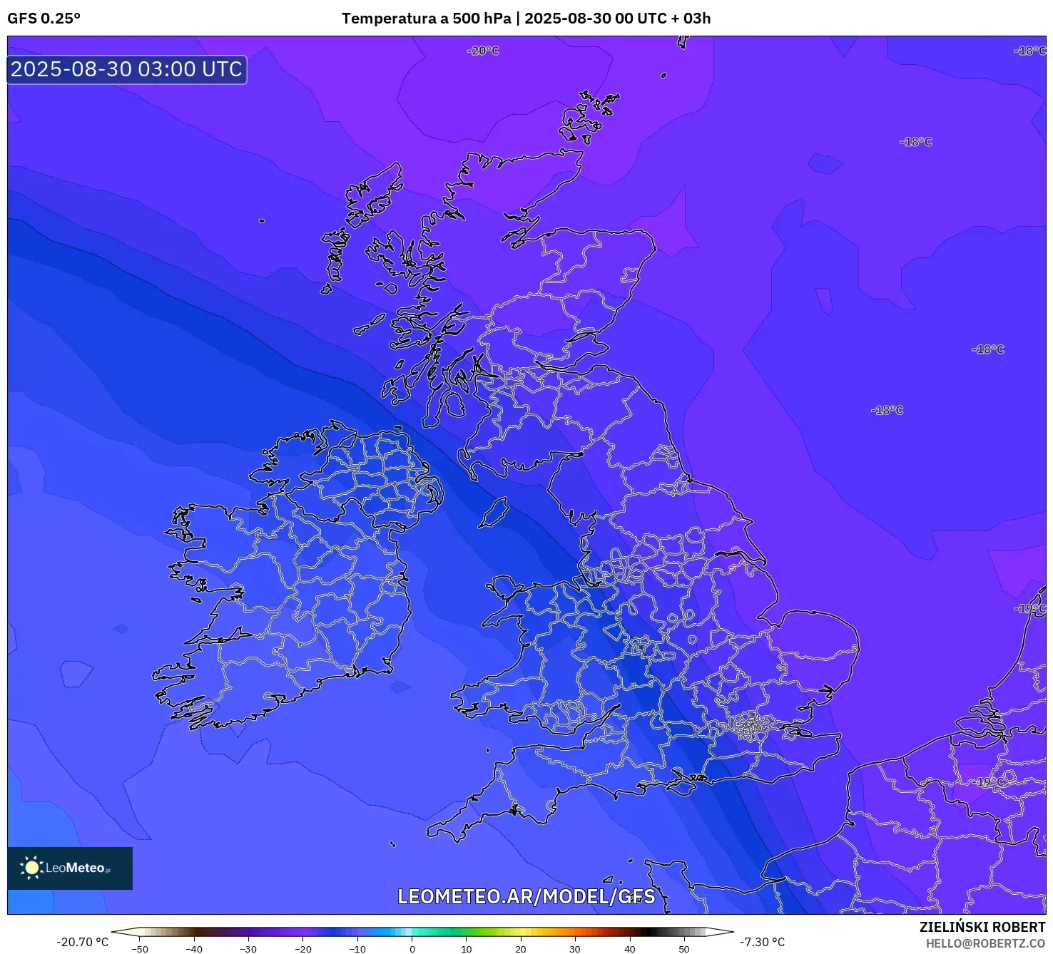 GFS model - Reino Unido, Temperatura a 500 hPa GFS model - Reino Unido, Temperatura a 500 hPa