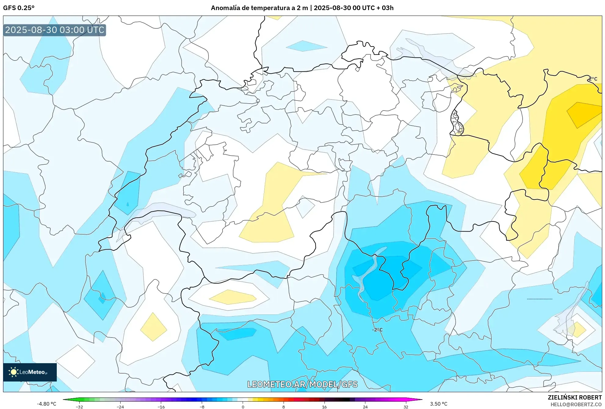 GFS model - Suiza, Anomalía de temperatura a 2 m GFS model - Suiza, Anomalía de temperatura a 2 m