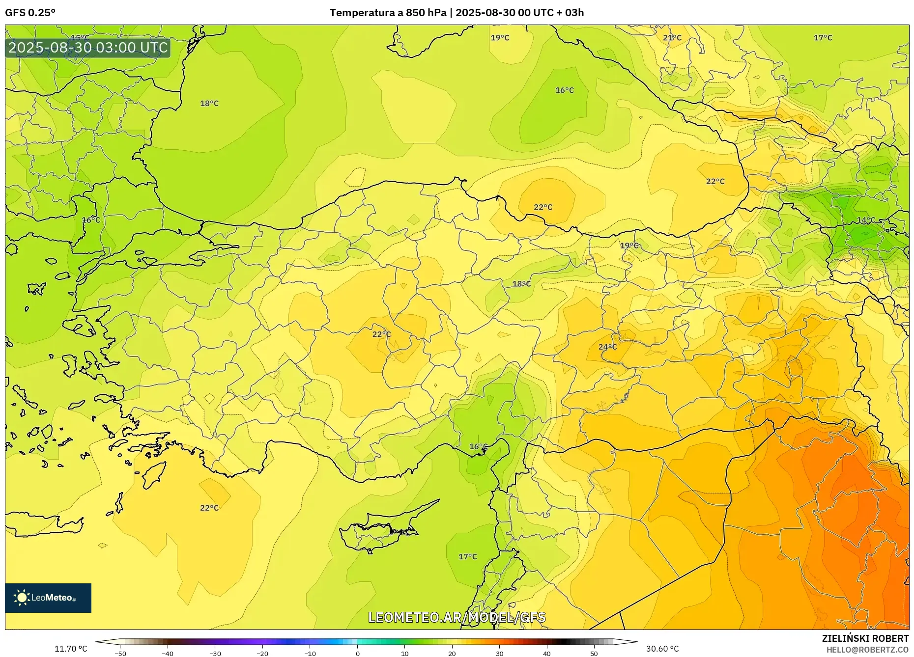 GFS model - Turquía, Temperatura a 850 hPa GFS model - Turquía, Temperatura a 850 hPa