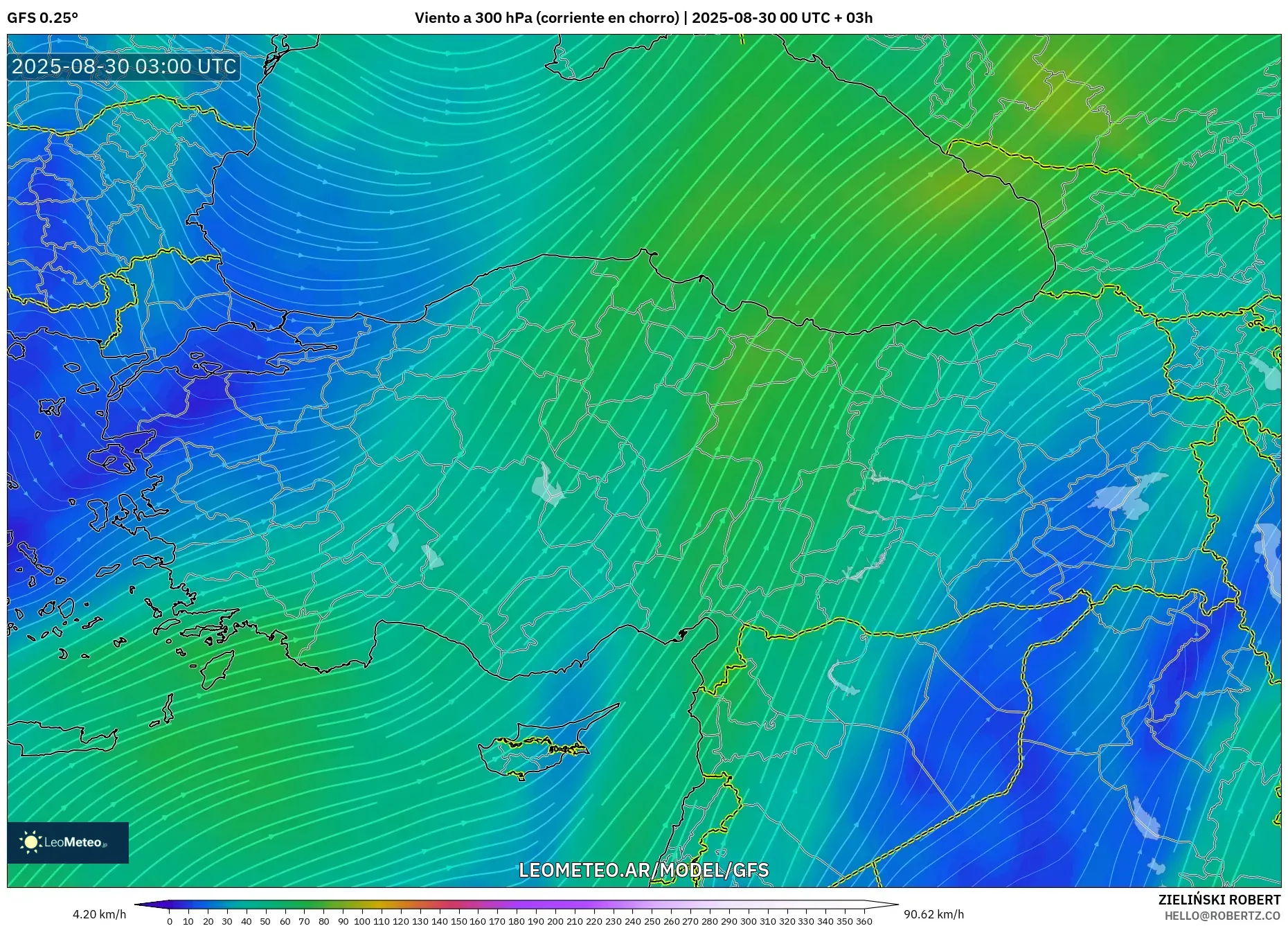 GFS model - Turquía, Viento a 300 hPa (corriente en chorro) GFS model - Turquía, Viento a 300 hPa (corriente en chorro)