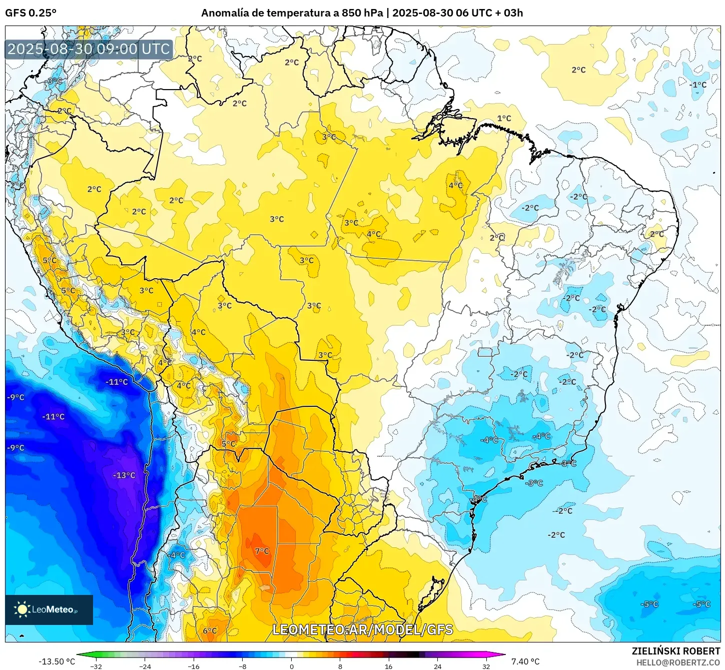 GFS model - Brasil, Anomalía de temperatura a 850 hPa