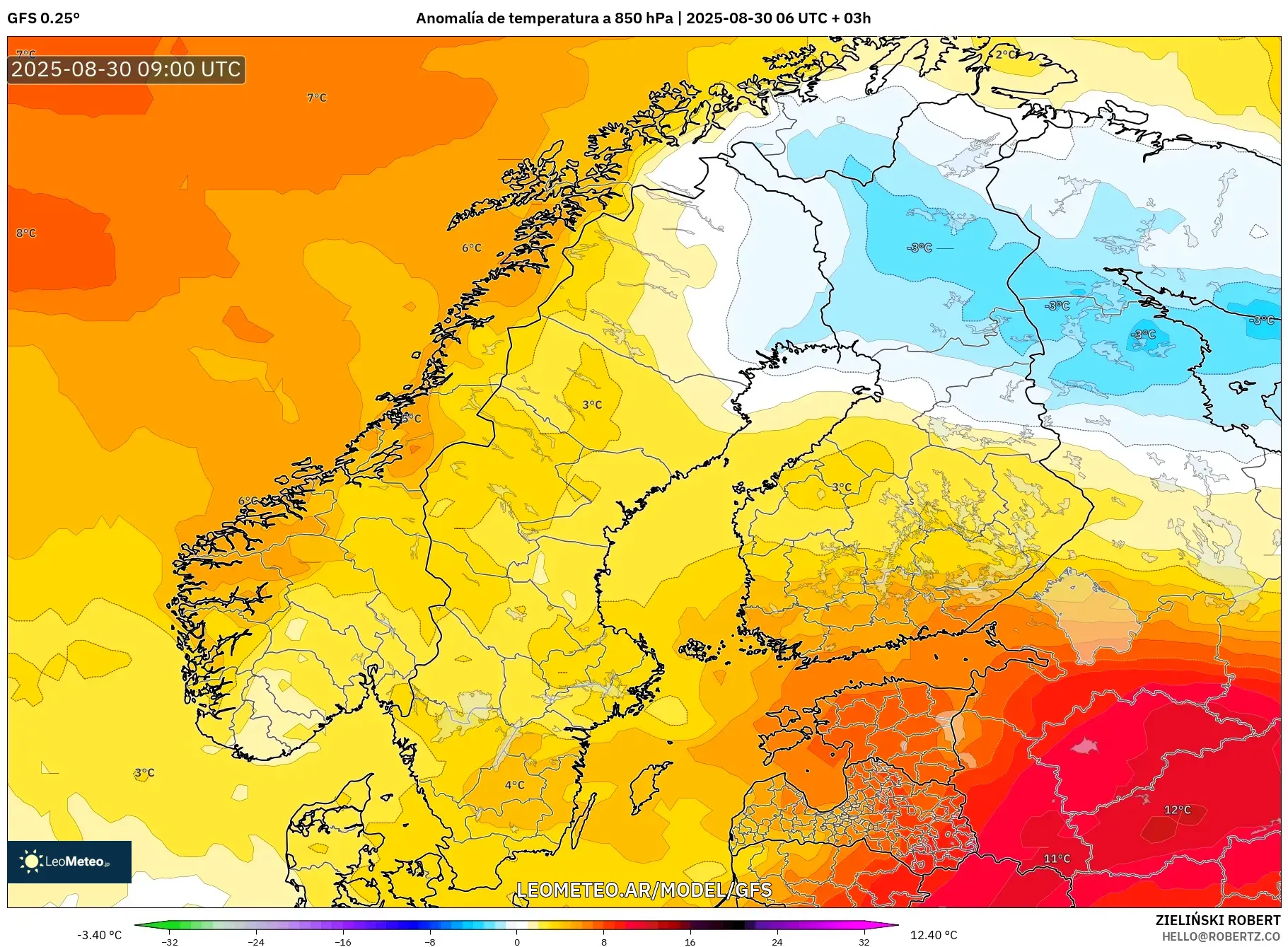 GFS model - Escandinavia, Anomalía de temperatura a 850 hPa GFS model - Escandinavia, Anomalía de temperatura a 850 hPa
