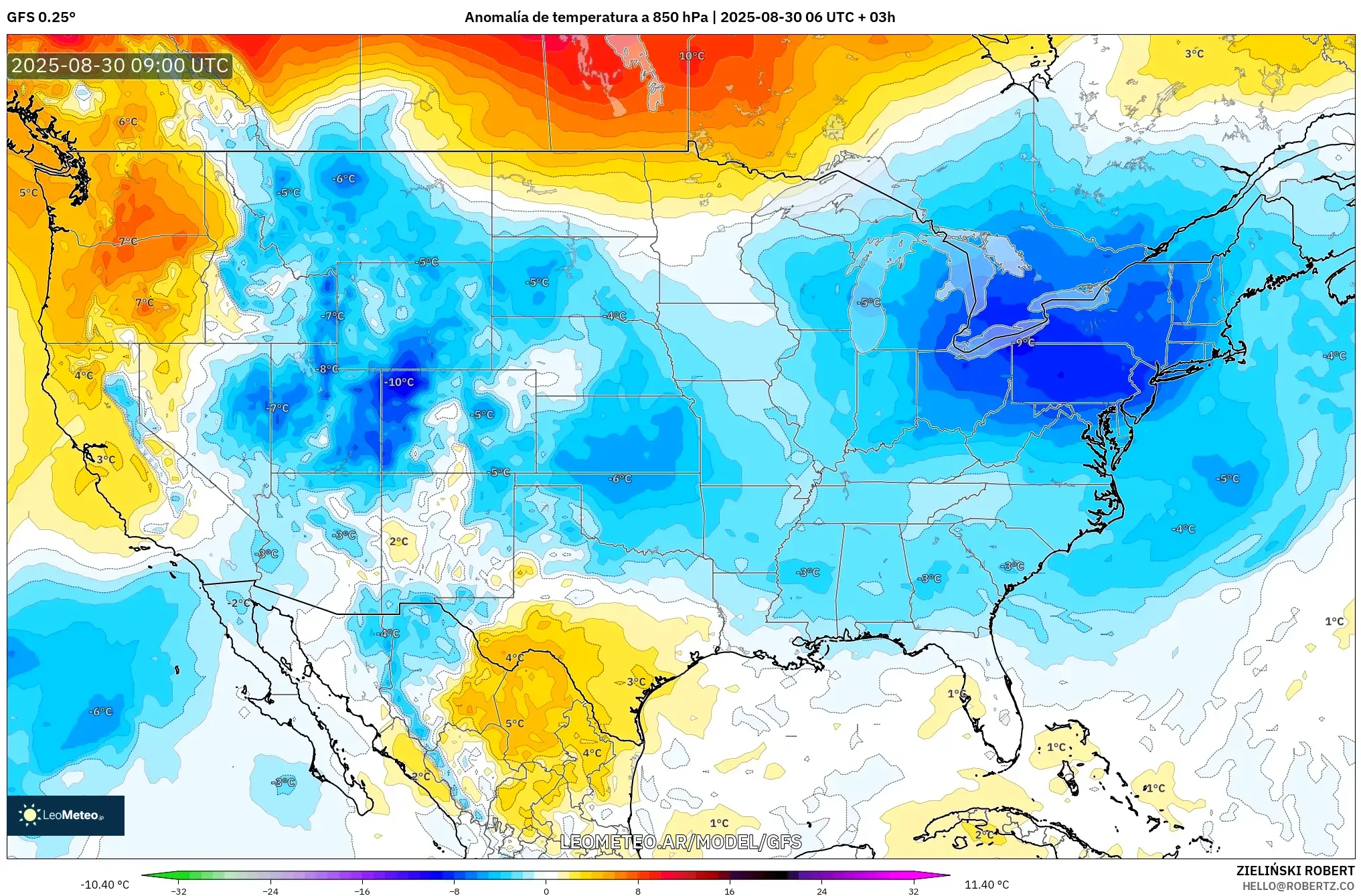 GFS model - Estados Unidos, Anomalía de temperatura a 850 hPa GFS model - Estados Unidos, Anomalía de temperatura a 850 hPa