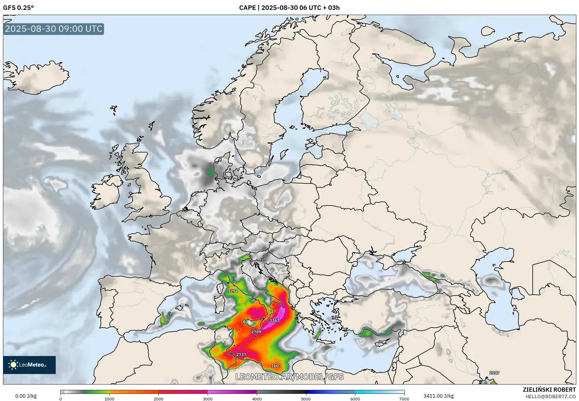 GFS model - Europa, CAPE GFS model - Europa, CAPE