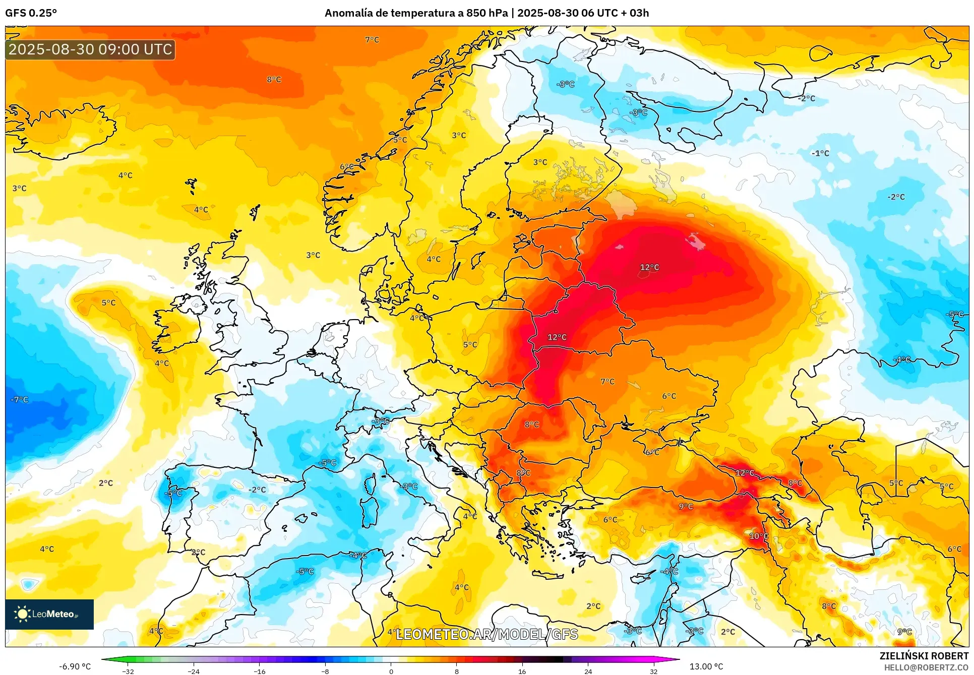 GFS model - Europa, Anomalía de temperatura a 850 hPa
