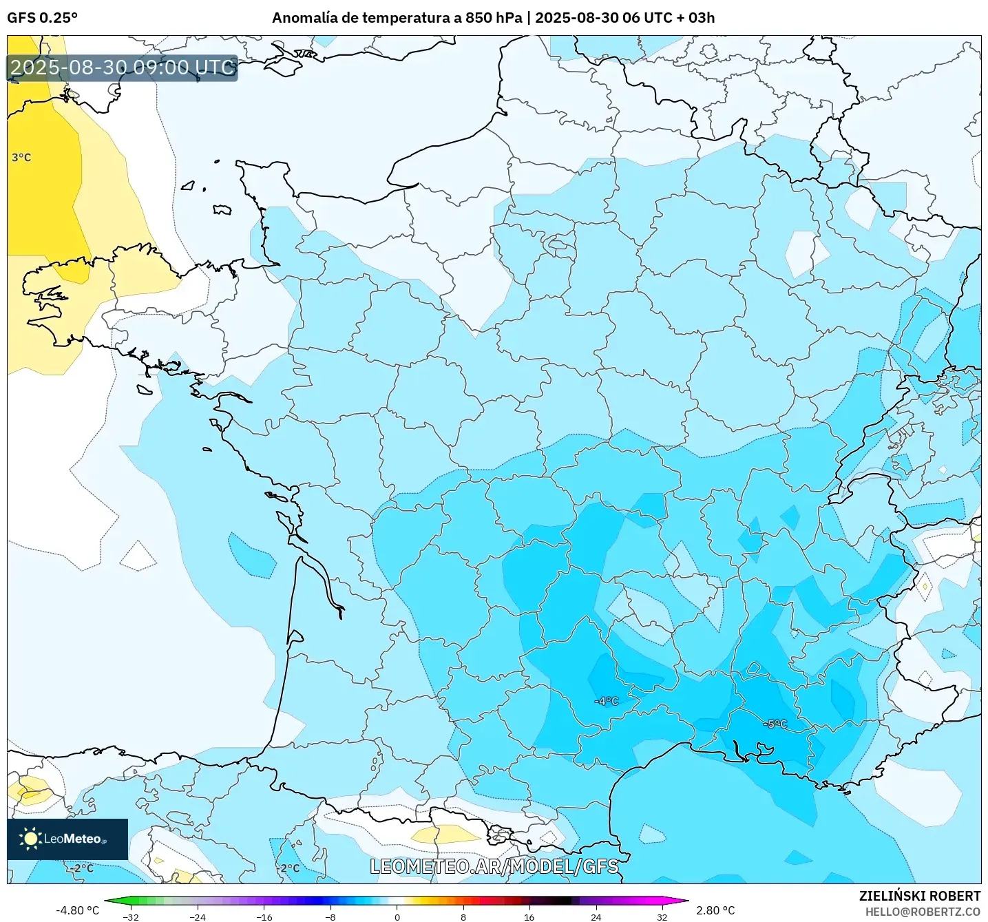 GFS model - Francia, Anomalía de temperatura a 850 hPa
