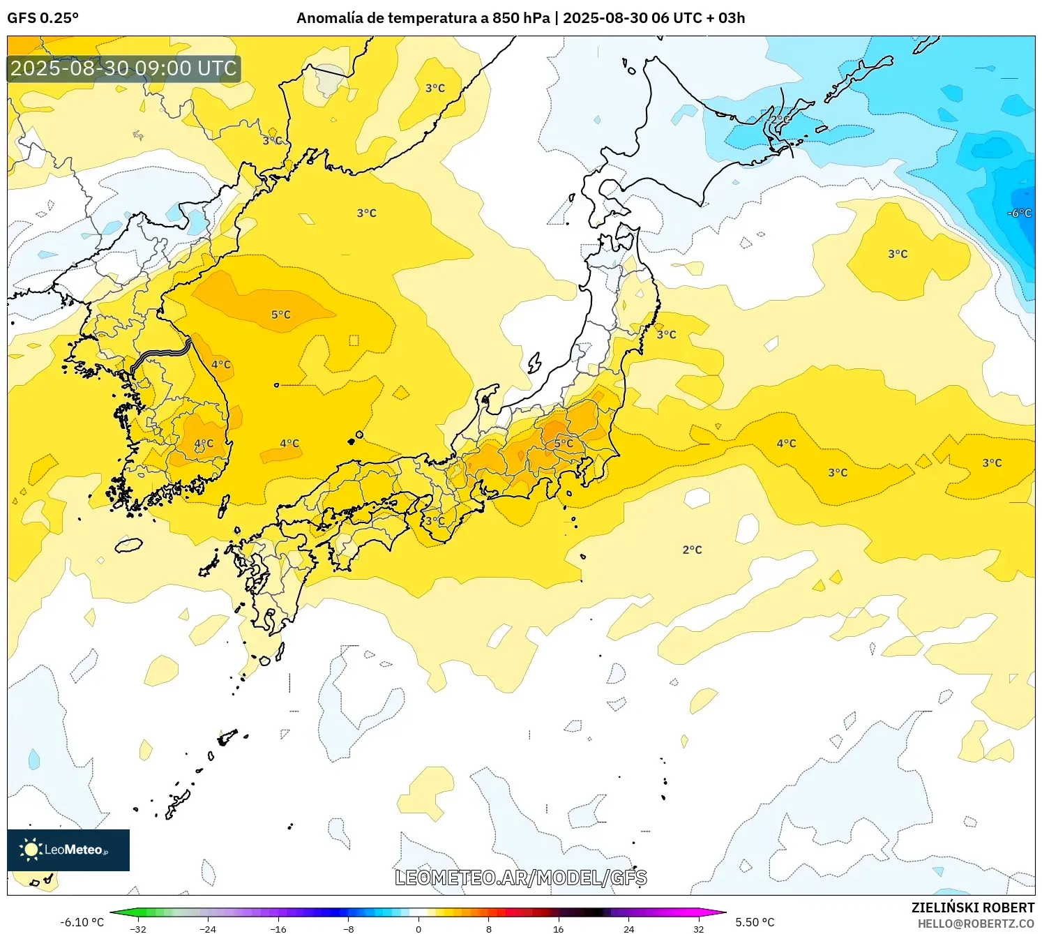 GFS model - Japón, Anomalía de temperatura a 850 hPa