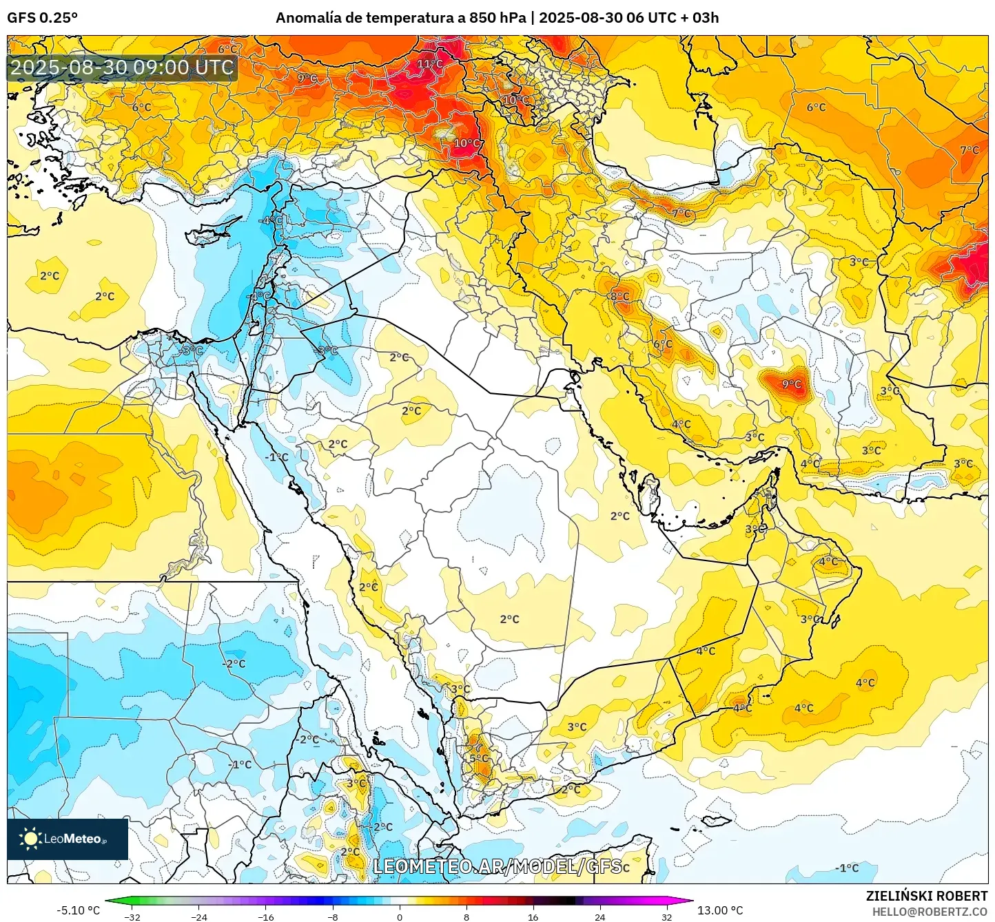 GFS model - Oriente Medio, Anomalía de temperatura a 850 hPa GFS model - Oriente Medio, Anomalía de temperatura a 850 hPa