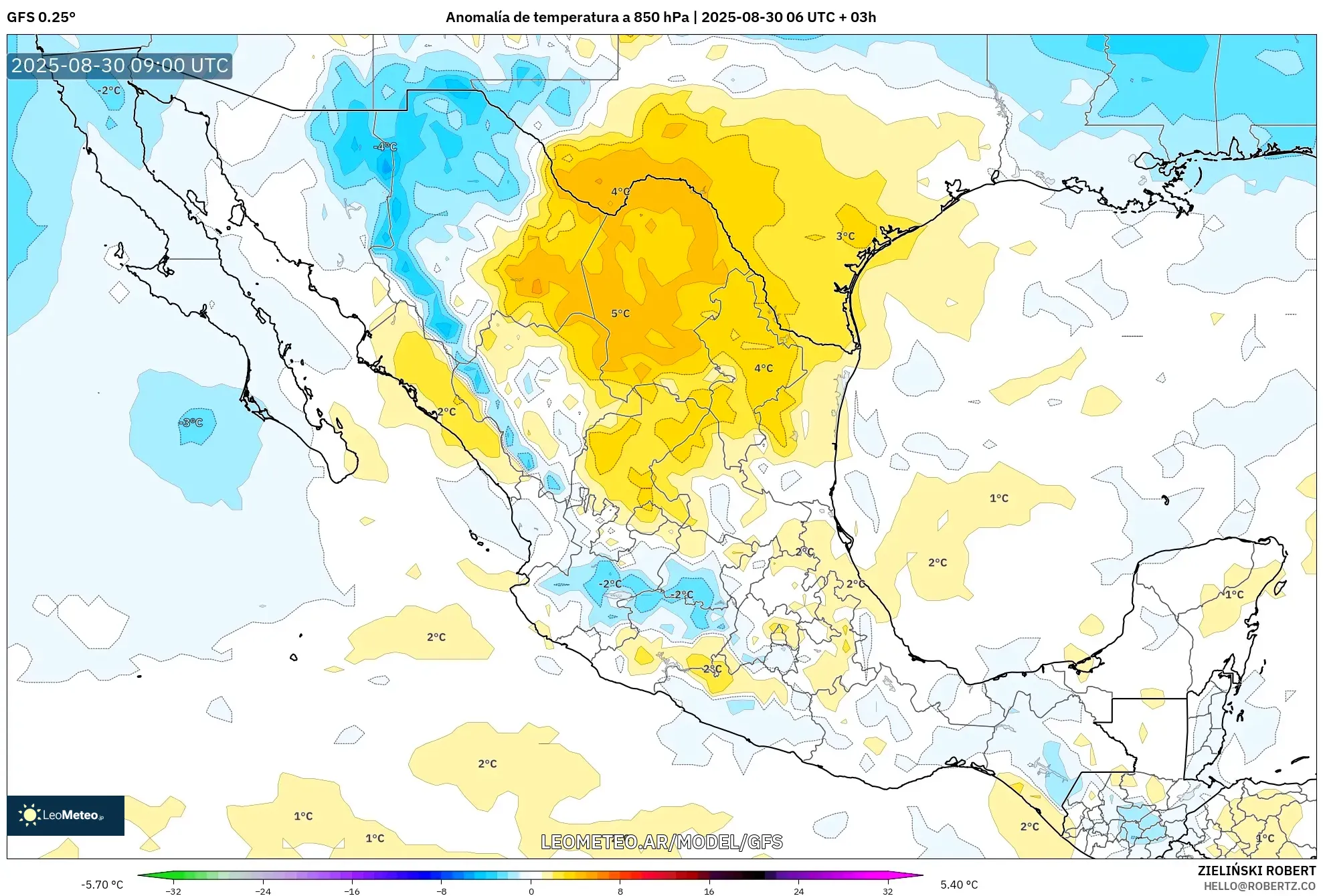 GFS model - México, Anomalía de temperatura a 850 hPa