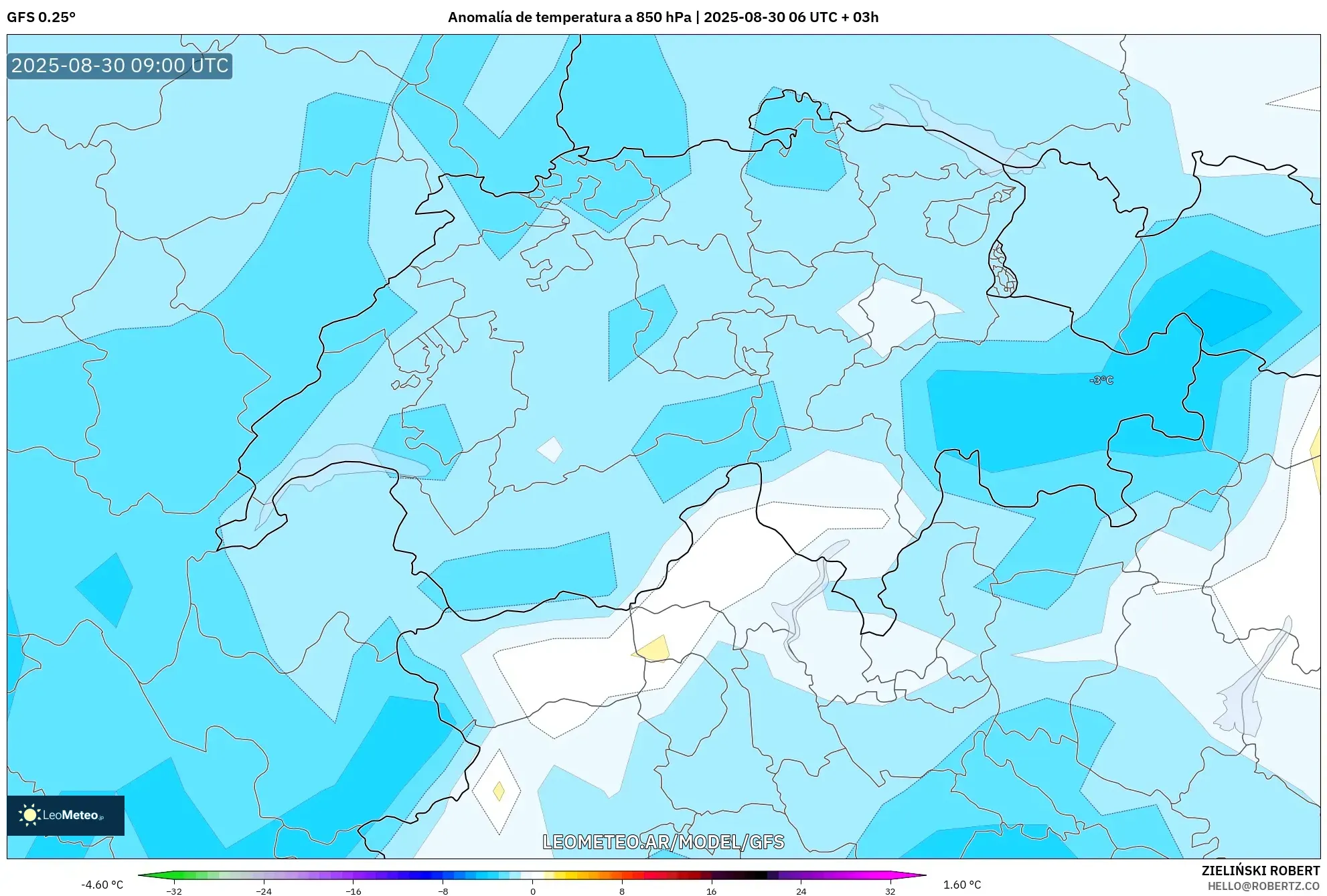 GFS model - Suiza, Anomalía de temperatura a 850 hPa