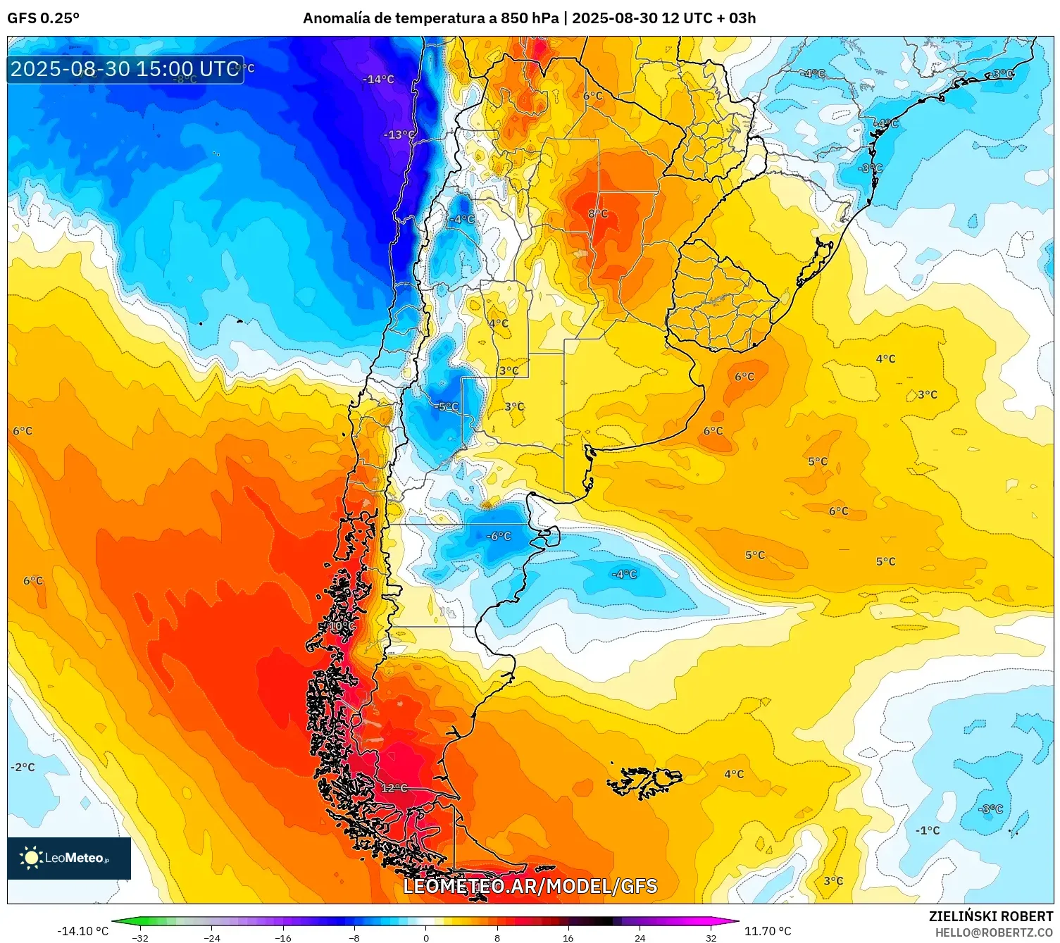 GFS model - Argentina, Anomalía de temperatura a 850 hPa GFS model - Argentina, Anomalía de temperatura a 850 hPa