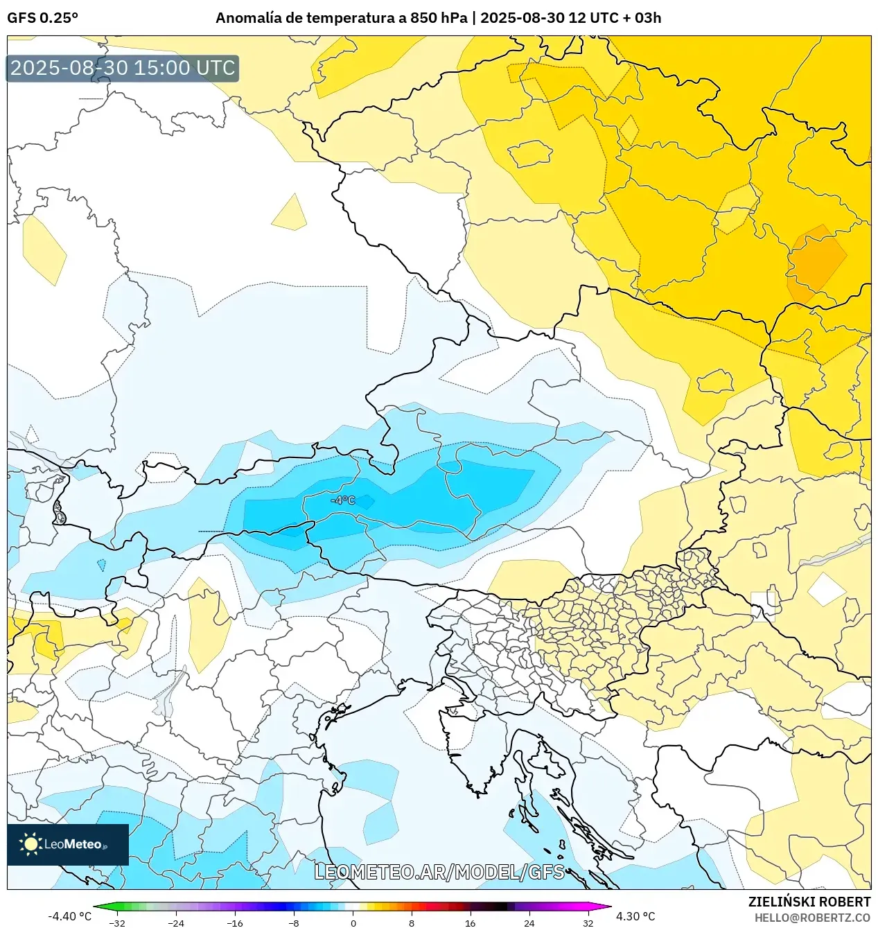 GFS model - Austria, Anomalía de temperatura a 850 hPa GFS model - Austria, Anomalía de temperatura a 850 hPa