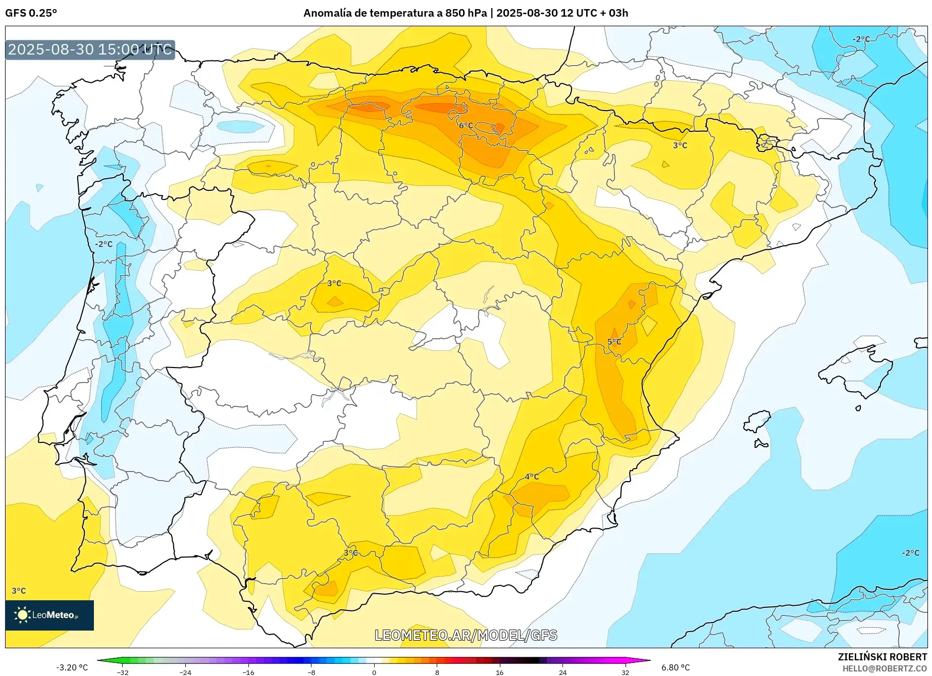 GFS model - España, Anomalía de temperatura a 850 hPa GFS model - España, Anomalía de temperatura a 850 hPa