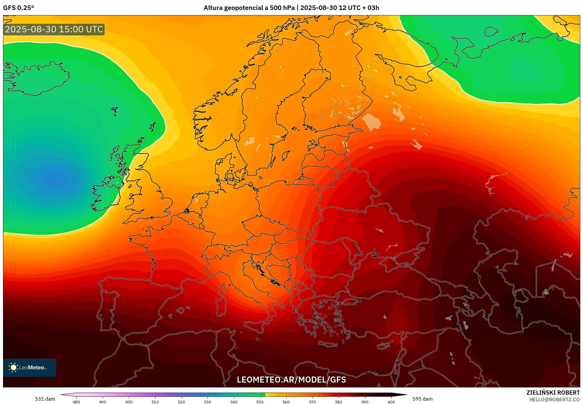 GFS model - Europa, Altura geopotencial a 500 hPa