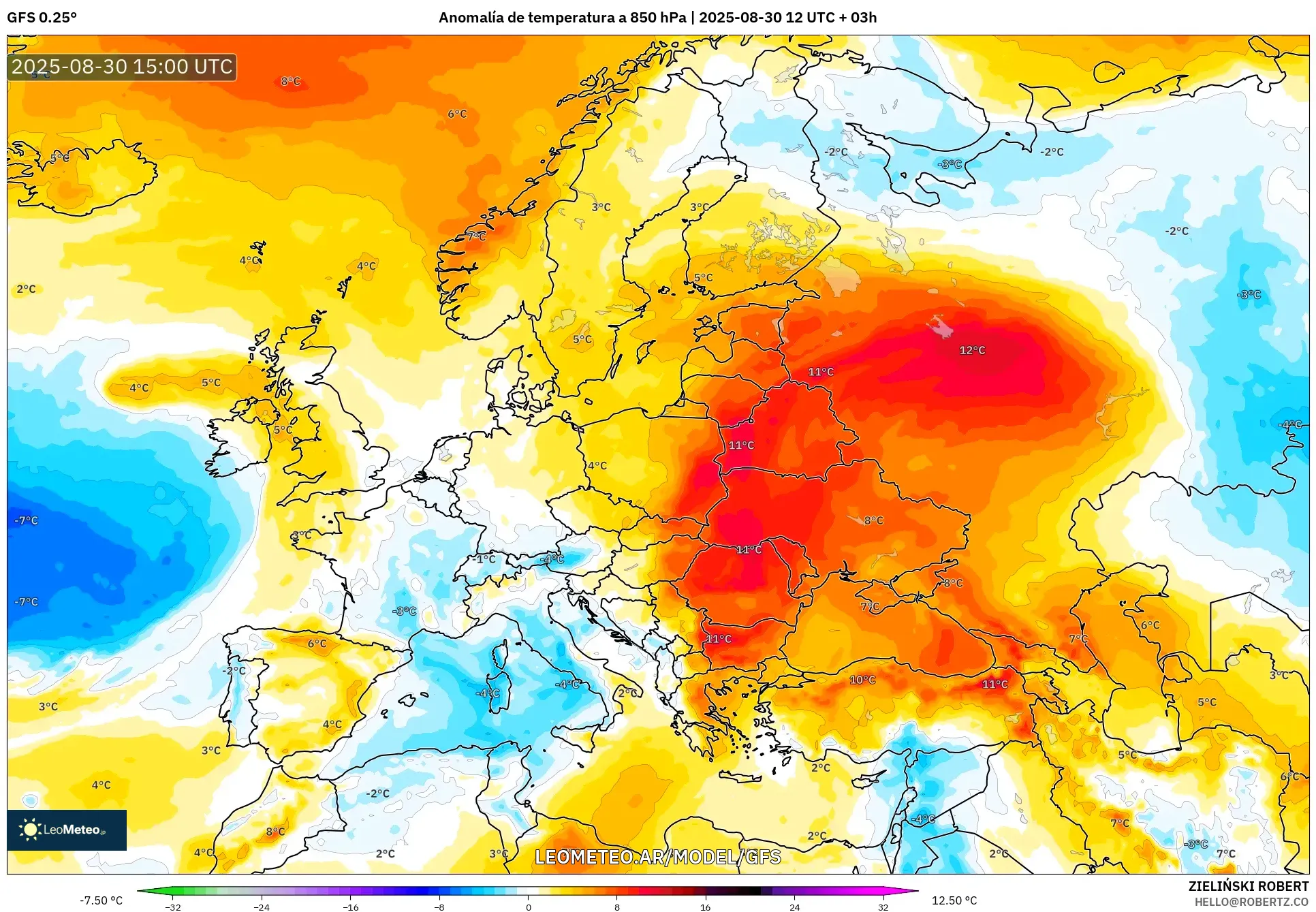 GFS model - Europa, Anomalía de temperatura a 850 hPa GFS model - Europa, Anomalía de temperatura a 850 hPa