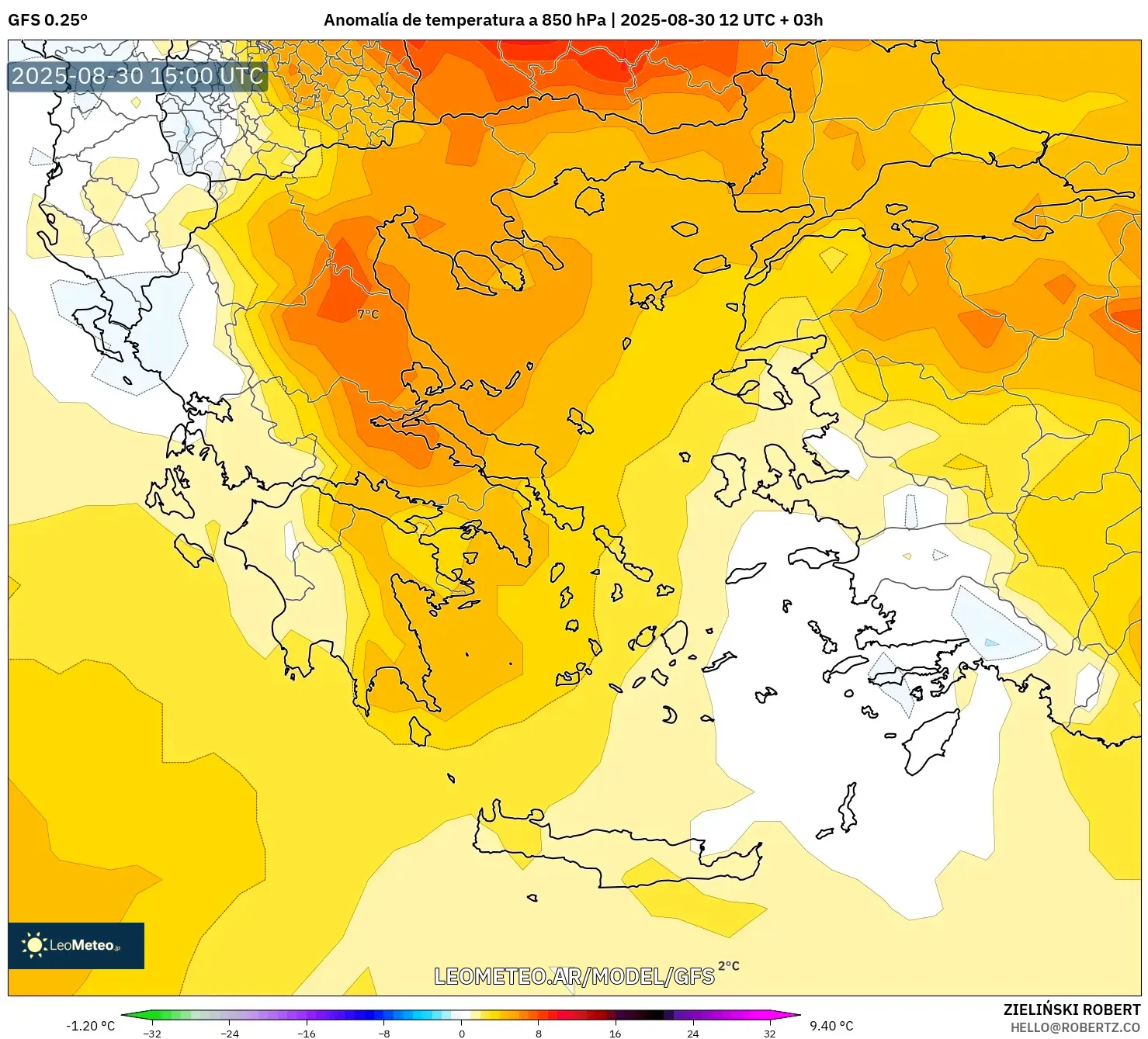 GFS model - Grecia, Anomalía de temperatura a 850 hPa GFS model - Grecia, Anomalía de temperatura a 850 hPa
