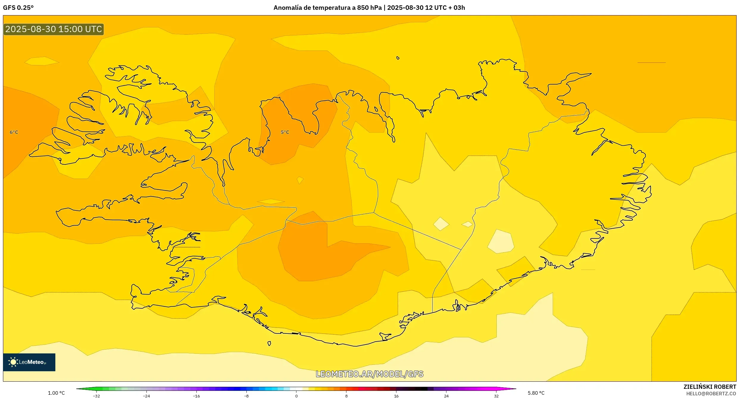 GFS model - Islandia, Anomalía de temperatura a 850 hPa GFS model - Islandia, Anomalía de temperatura a 850 hPa