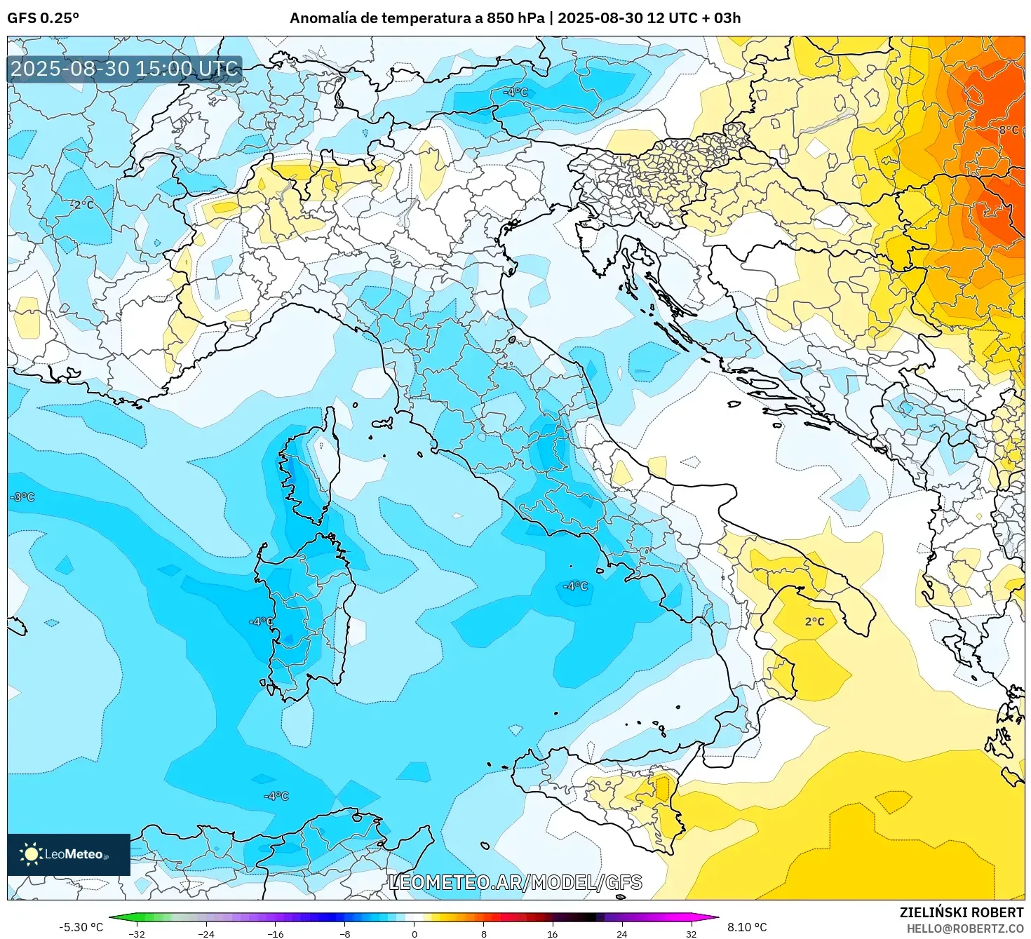 GFS model - Italia, Anomalía de temperatura a 850 hPa GFS model - Italia, Anomalía de temperatura a 850 hPa
