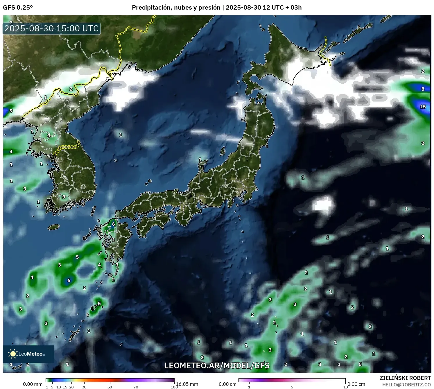 GFS model - Japón, Precipitación, nubes y presión GFS model - Japón, Precipitación, nubes y presión