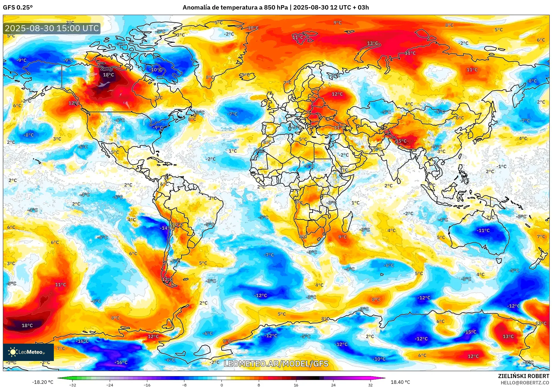 GFS model - Mundo, Anomalía de temperatura a 850 hPa