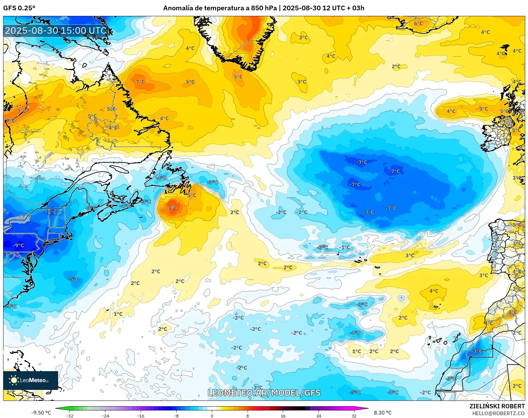 GFS model - Norte Atlántico, Anomalía de temperatura a 850 hPa